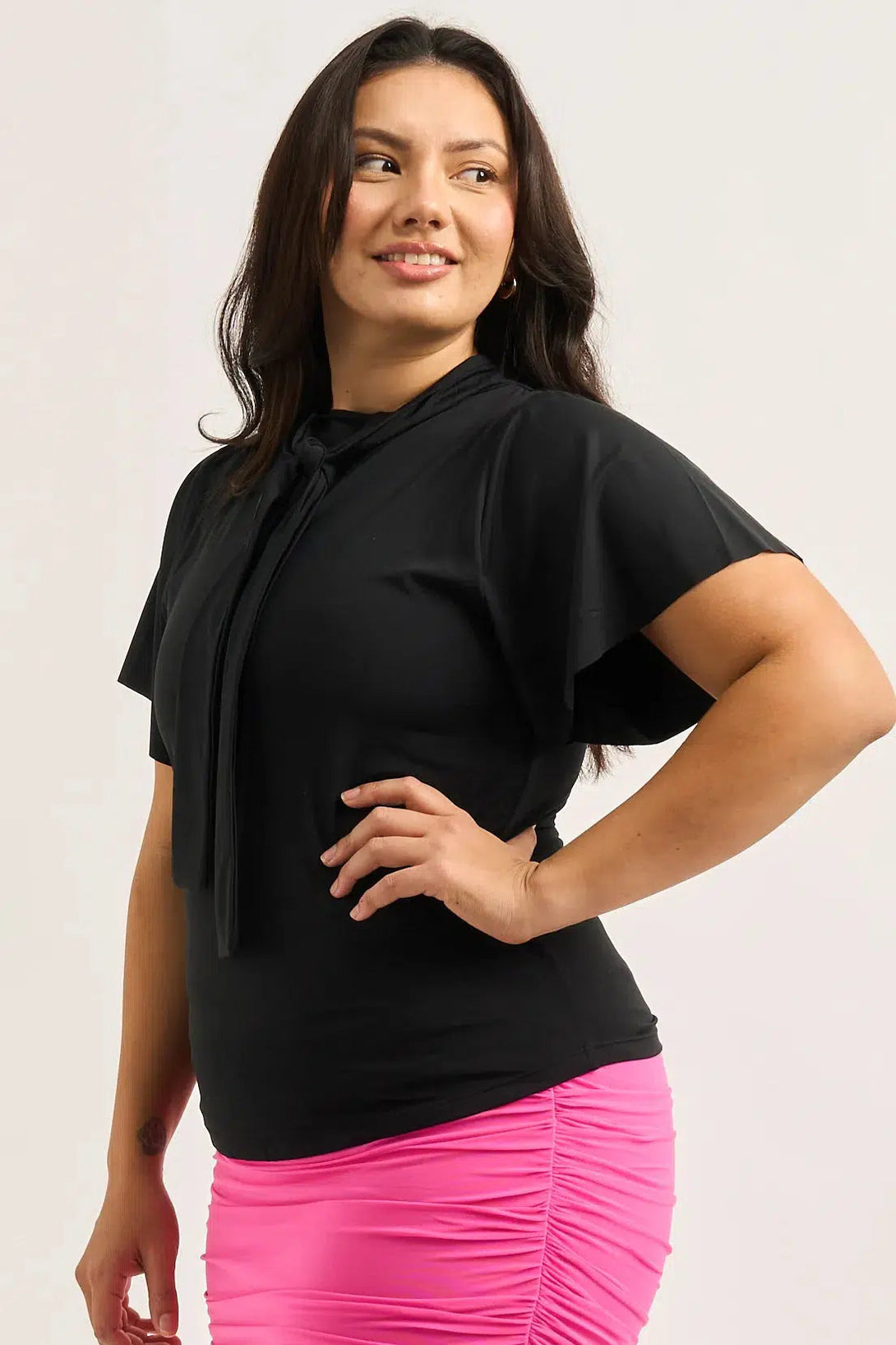 Slinky Silky Boss Bish Blouse W/ Flutter Sleeve - Black-Activewear-Exoticathletica