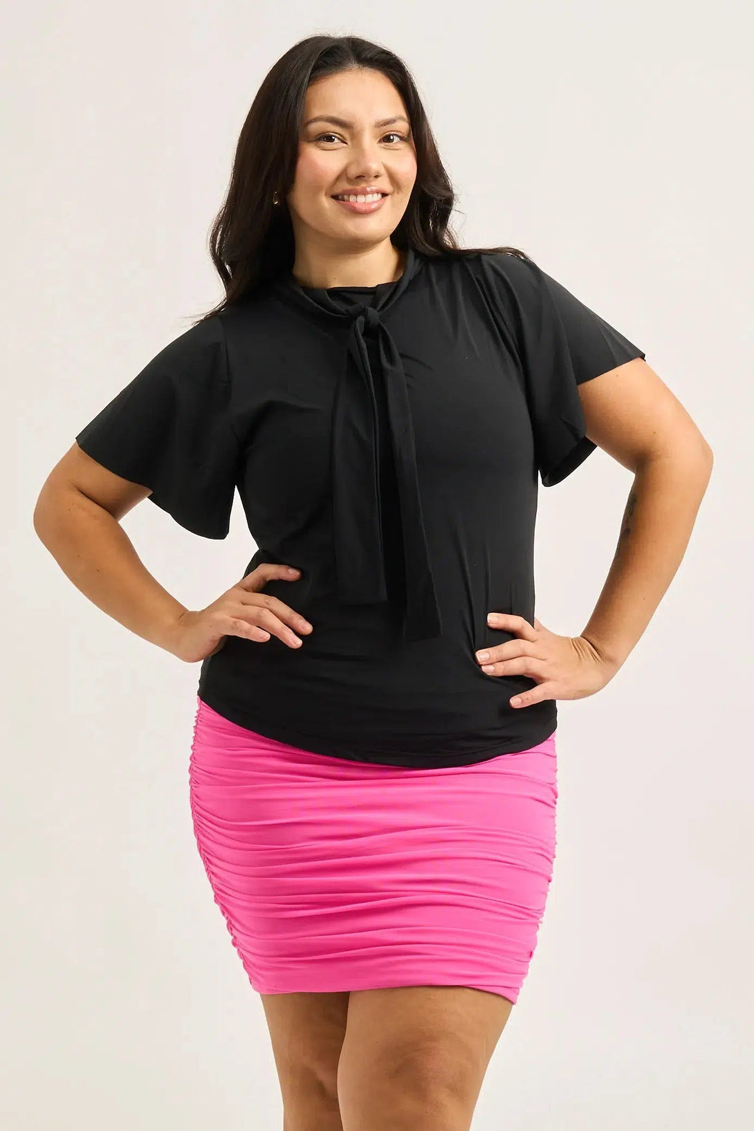 Slinky Silky Boss Bish Blouse W/ Flutter Sleeve - Black-Activewear-Exoticathletica