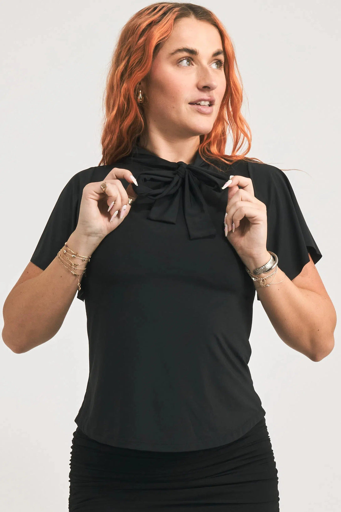 Slinky Silky Boss Bish Blouse W/ Flutter Sleeve - Black-Activewear-Exoticathletica