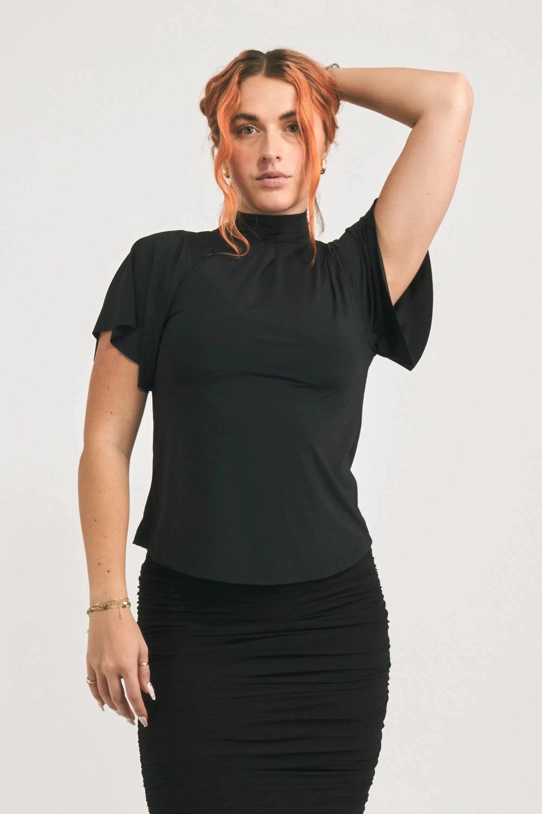 Slinky Silky Boss Bish Blouse W/ Flutter Sleeve - Black-Activewear-Exoticathletica