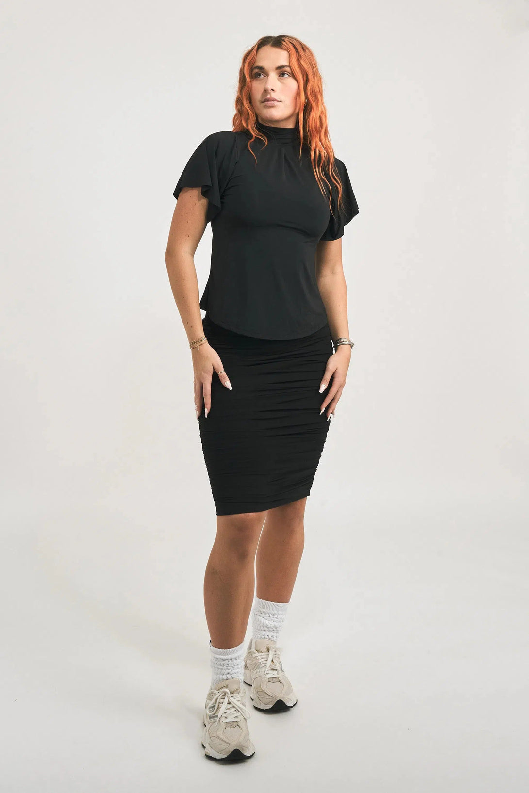 Slinky Silky Boss Bish Blouse W/ Flutter Sleeve - Black-Activewear-Exoticathletica