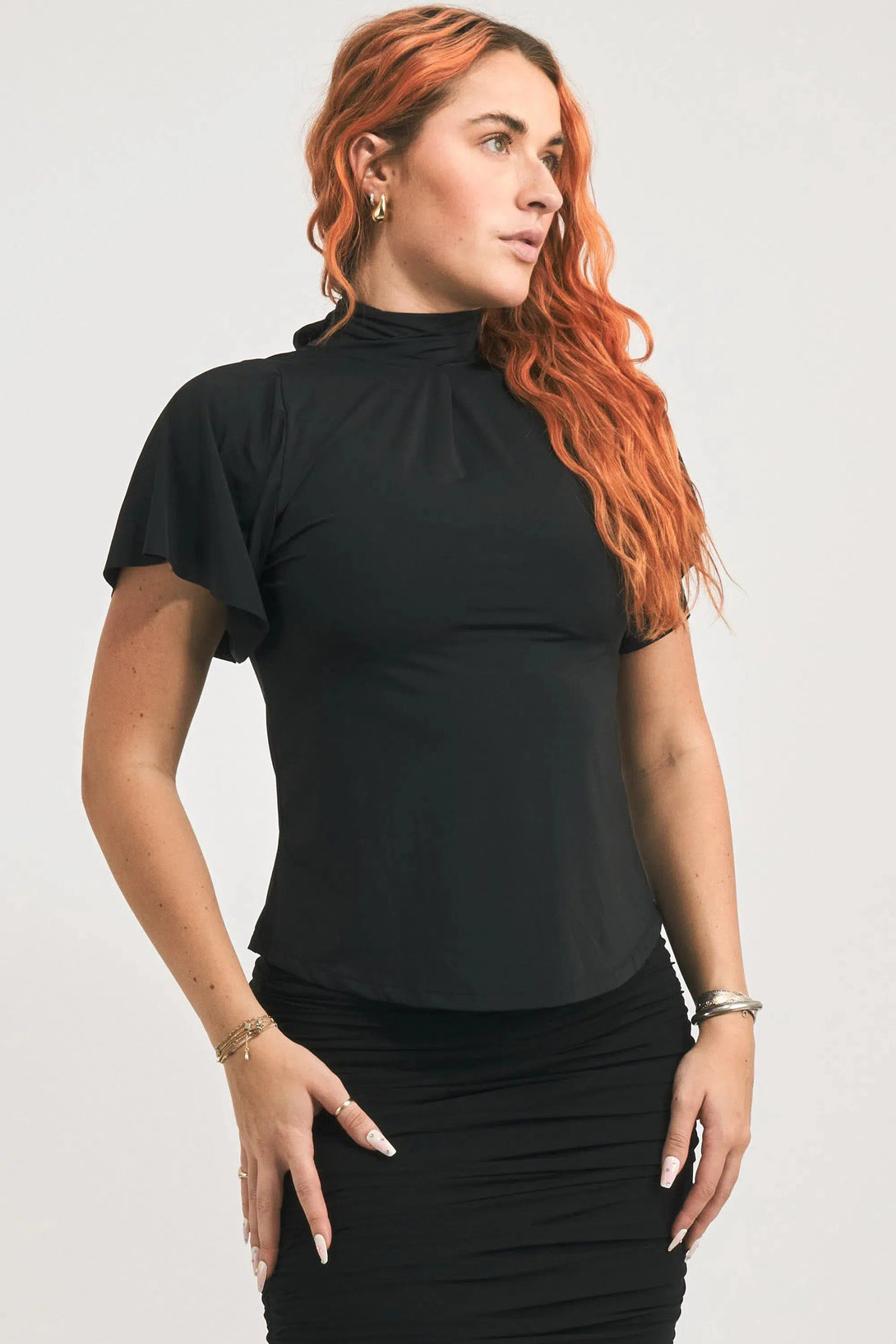 Slinky Silky Boss Bish Blouse W/ Flutter Sleeve - Black-Activewear-Exoticathletica