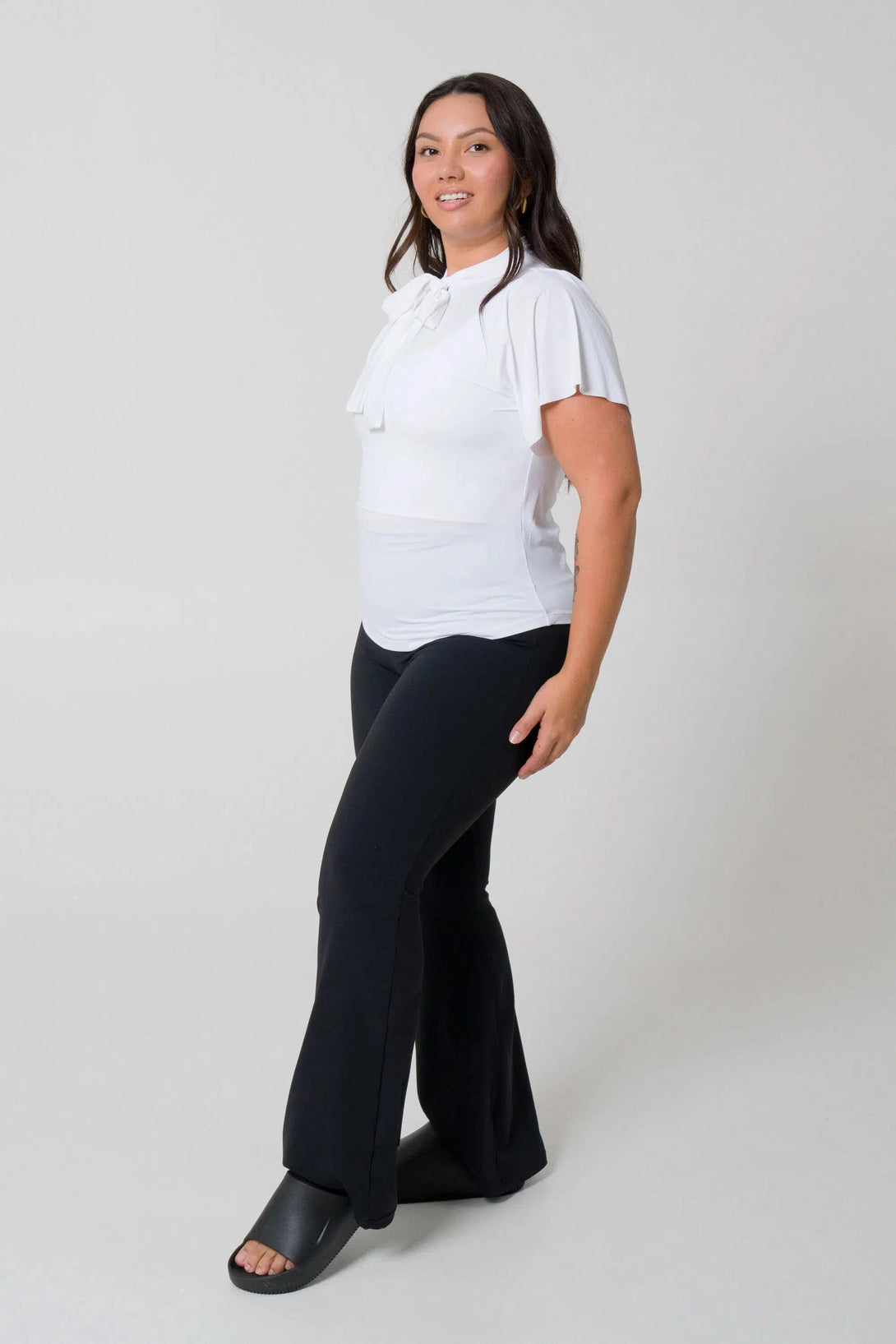 Slinky Silky Boss Bish Blouse W/ Flutter Sleeve - White-Activewear-Exoticathletica