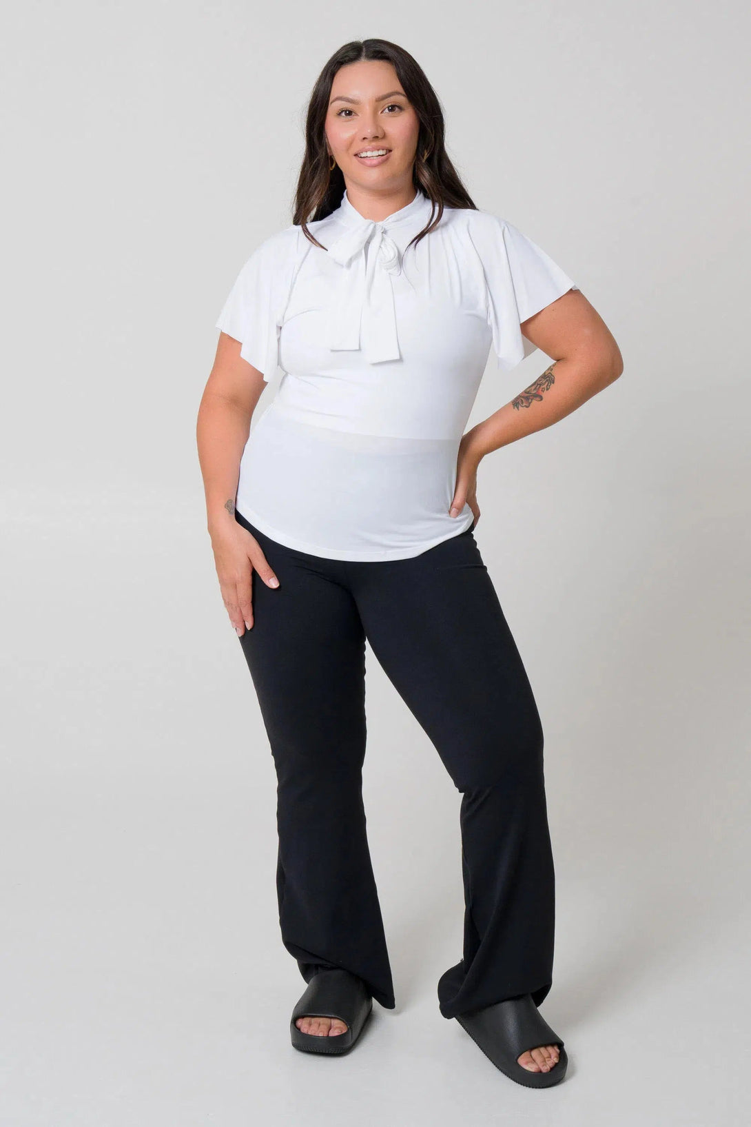 Slinky Silky Boss Bish Blouse W/ Flutter Sleeve - White-Activewear-Exoticathletica