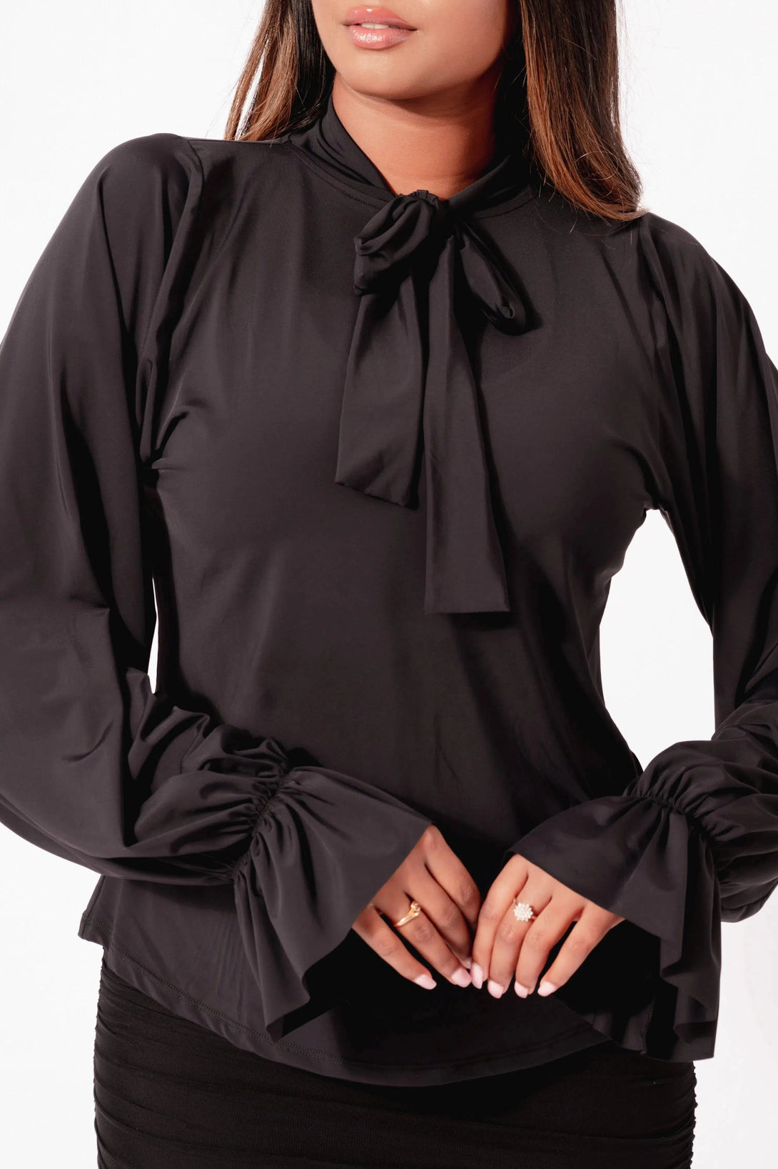 Slinky Silky Boss Bish Blouse W/ Poet Sleeve - Black-Activewear-Exoticathletica