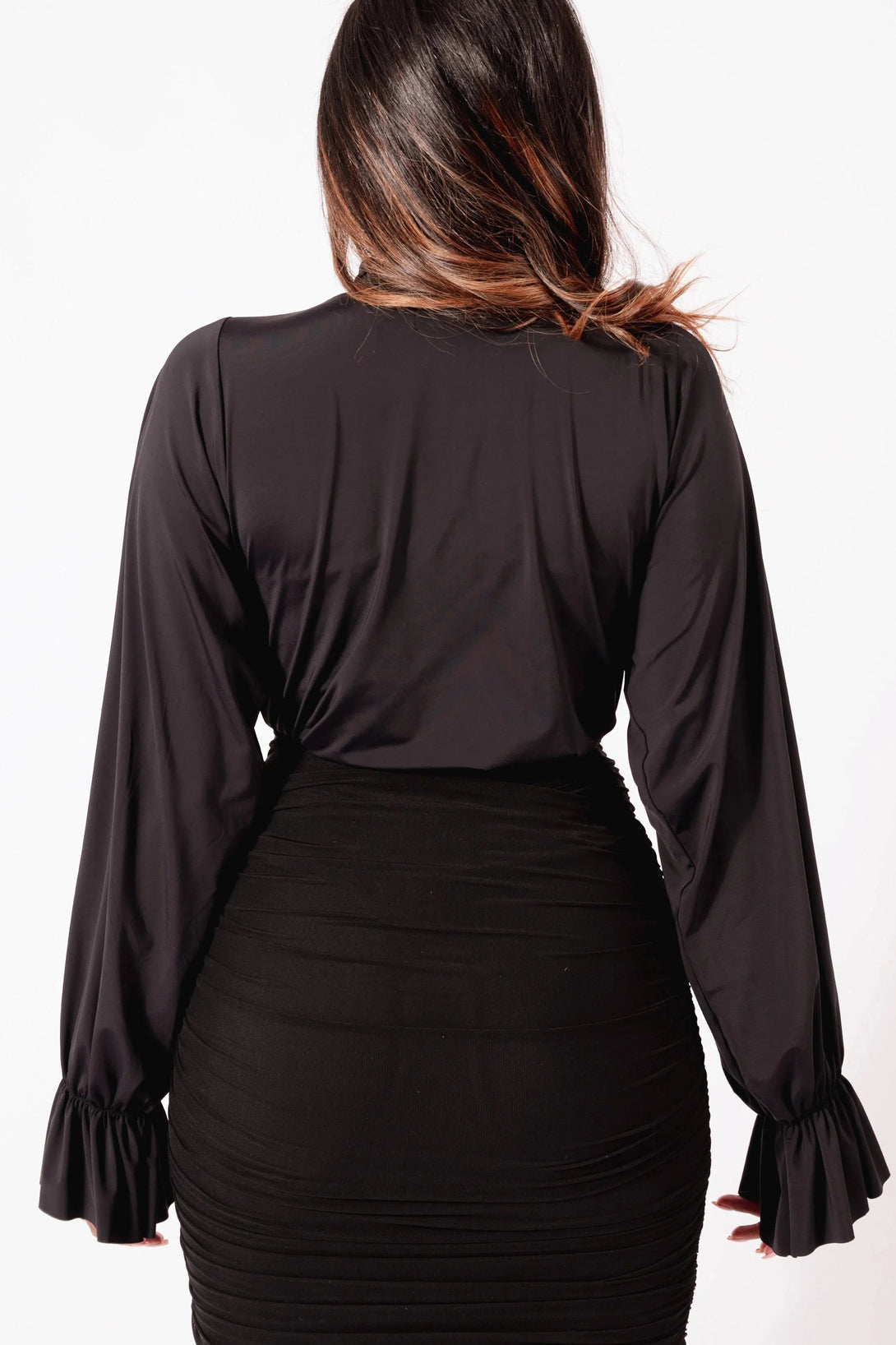 Slinky Silky Boss Bish Blouse W/ Poet Sleeve - Black-Activewear-Exoticathletica