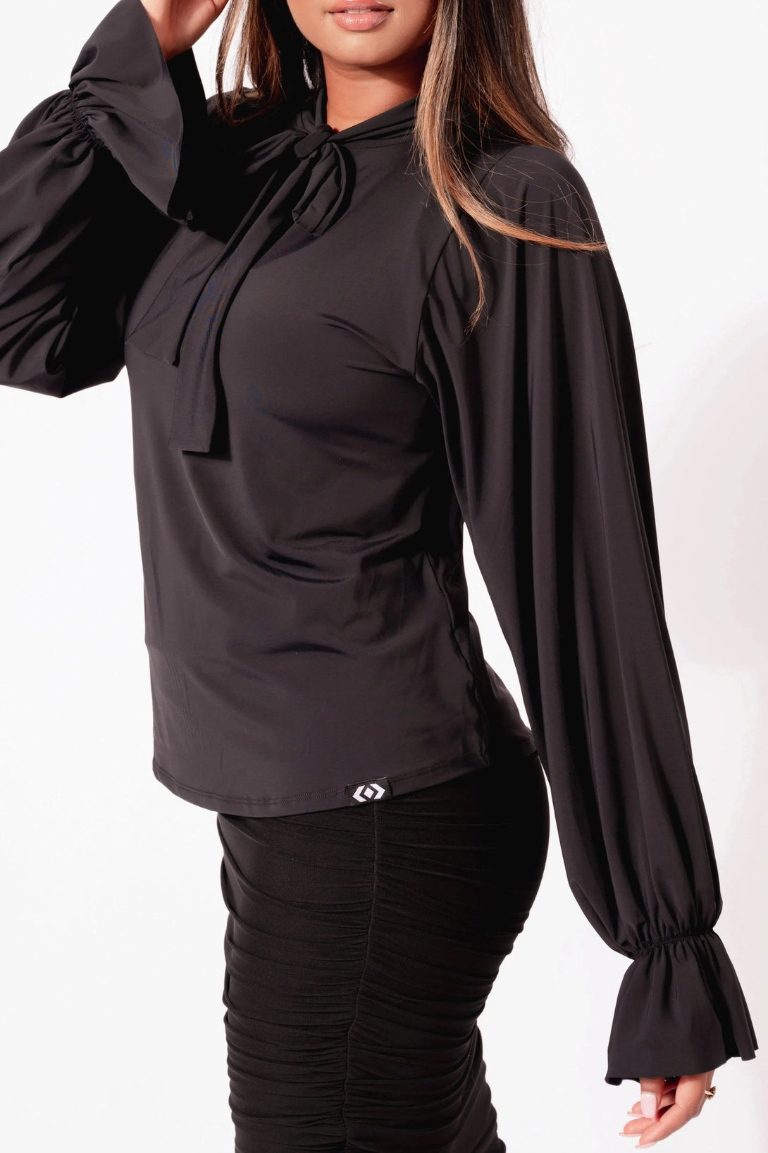 Slinky Silky Boss Bish Blouse W/ Poet Sleeve - Black-Activewear-Exoticathletica