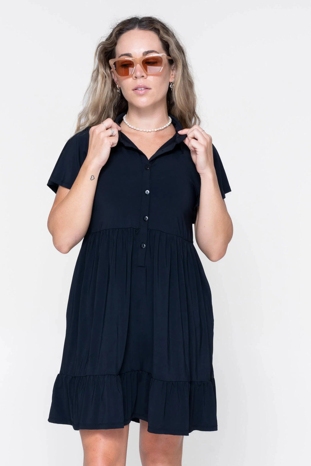 Slinky Silky Button Up Baby Doll Tiered Mini Dress - Black-Activewear-Exoticathletica