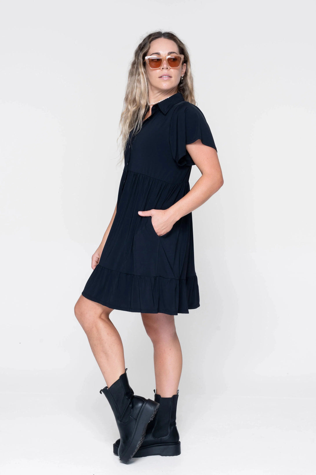 Slinky Silky Button Up Baby Doll Tiered Mini Dress - Black-Activewear-Exoticathletica