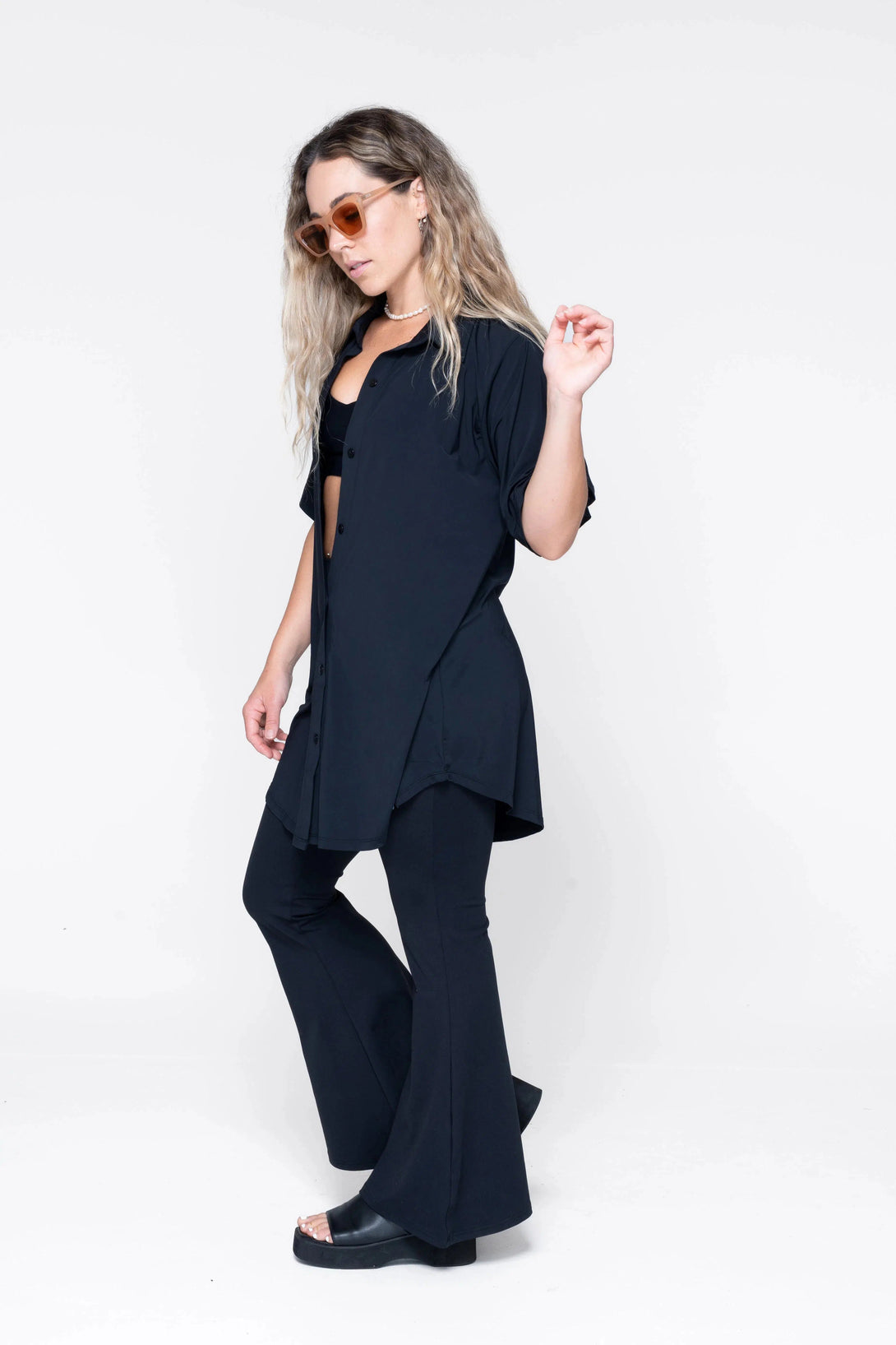 Slinky Silky Button Up Boyfriend Tee - Black-Activewear-Exoticathletica