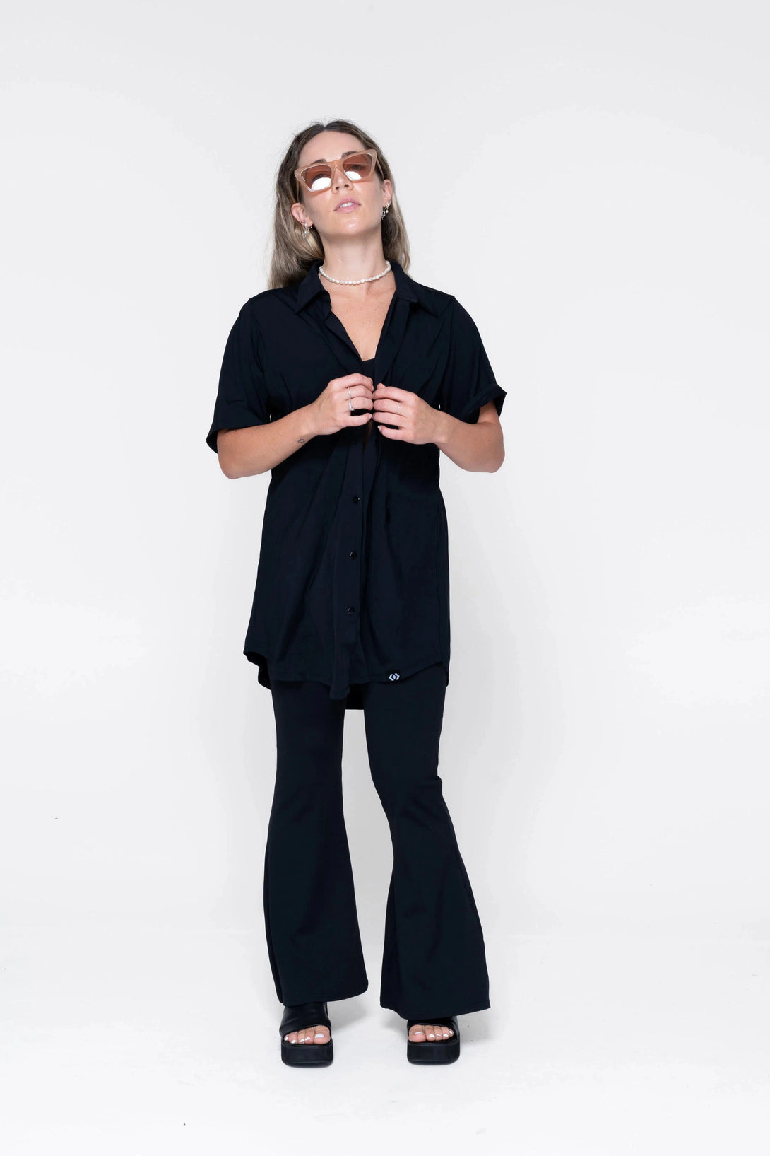 Slinky Silky Button Up Boyfriend Tee - Black-Activewear-Exoticathletica