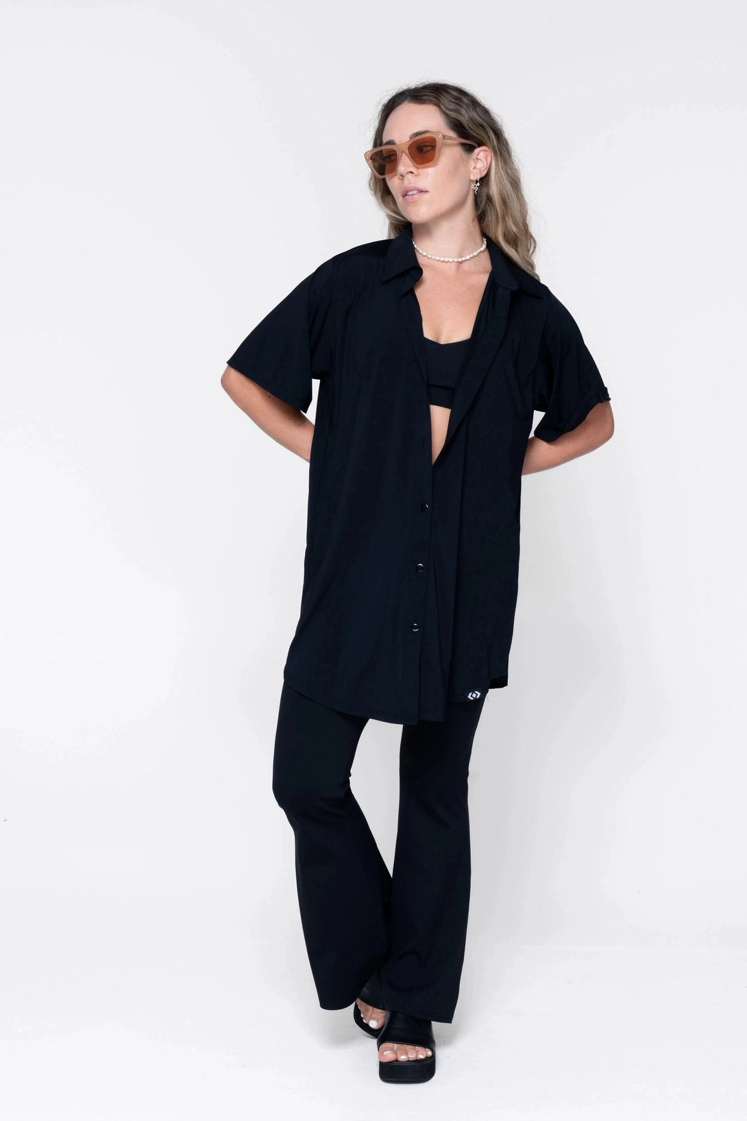 Slinky Silky Button Up Boyfriend Tee - Black-Activewear-Exoticathletica