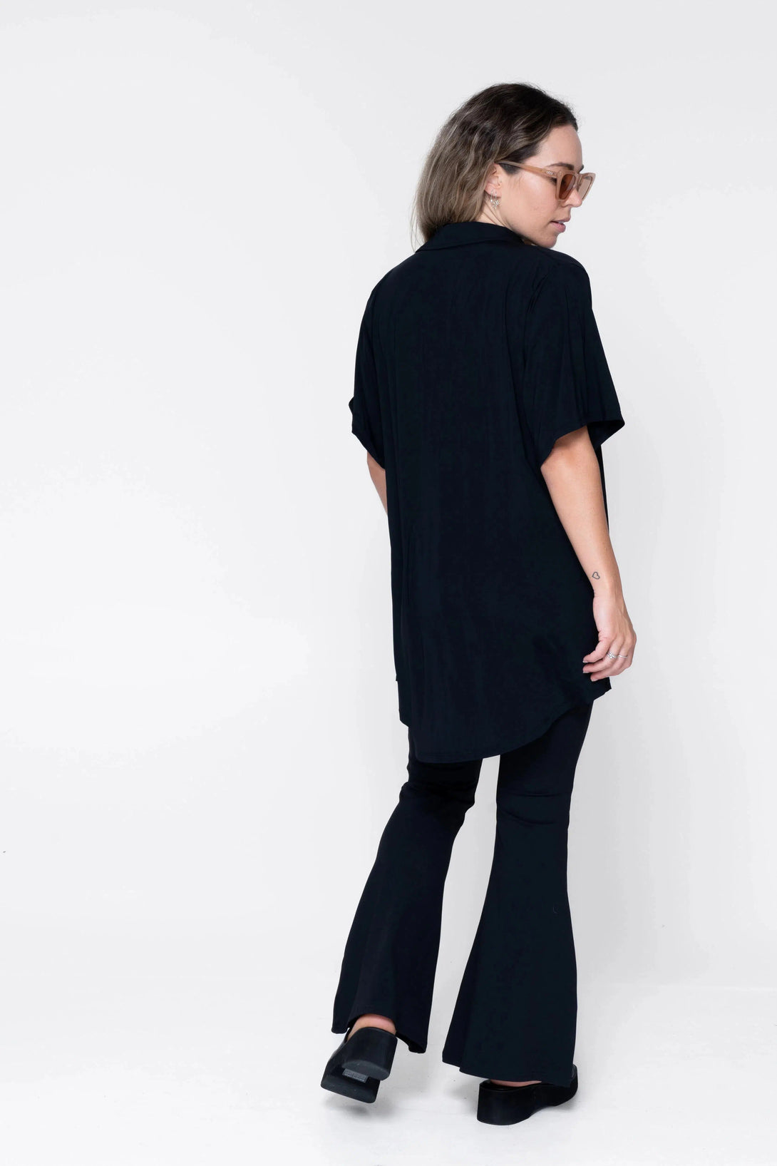 Slinky Silky Button Up Boyfriend Tee - Black-Activewear-Exoticathletica