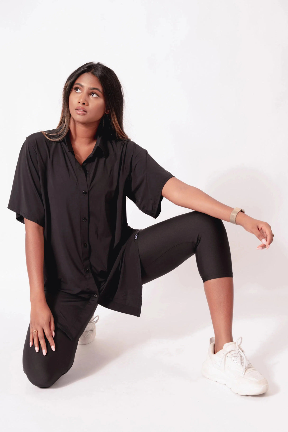 Slinky Silky Button Up Boyfriend Tee - Black-Activewear-Exoticathletica