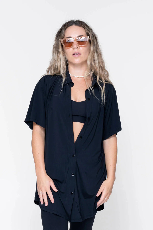 Slinky Silky Button Up Boyfriend Tee - Black-Activewear-Exoticathletica