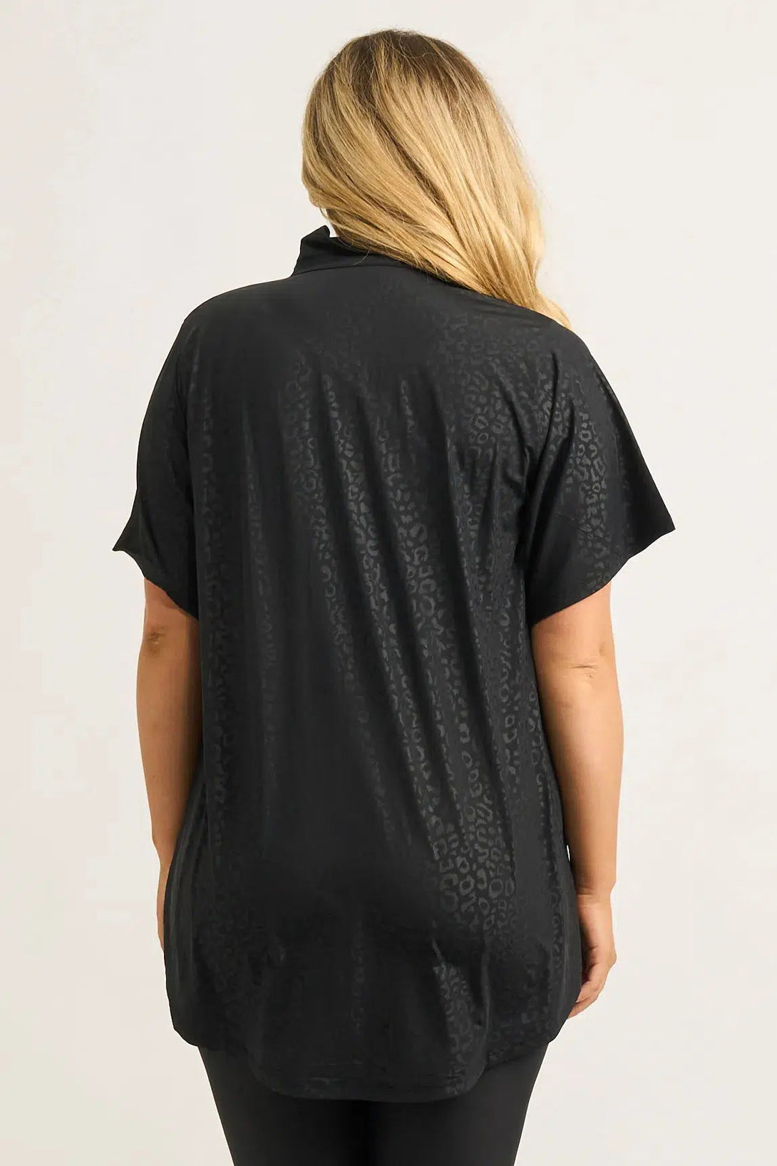 Slinky Silky Button Up Boyfriend Tee - Black Exotic Touch Jag-Activewear-Exoticathletica