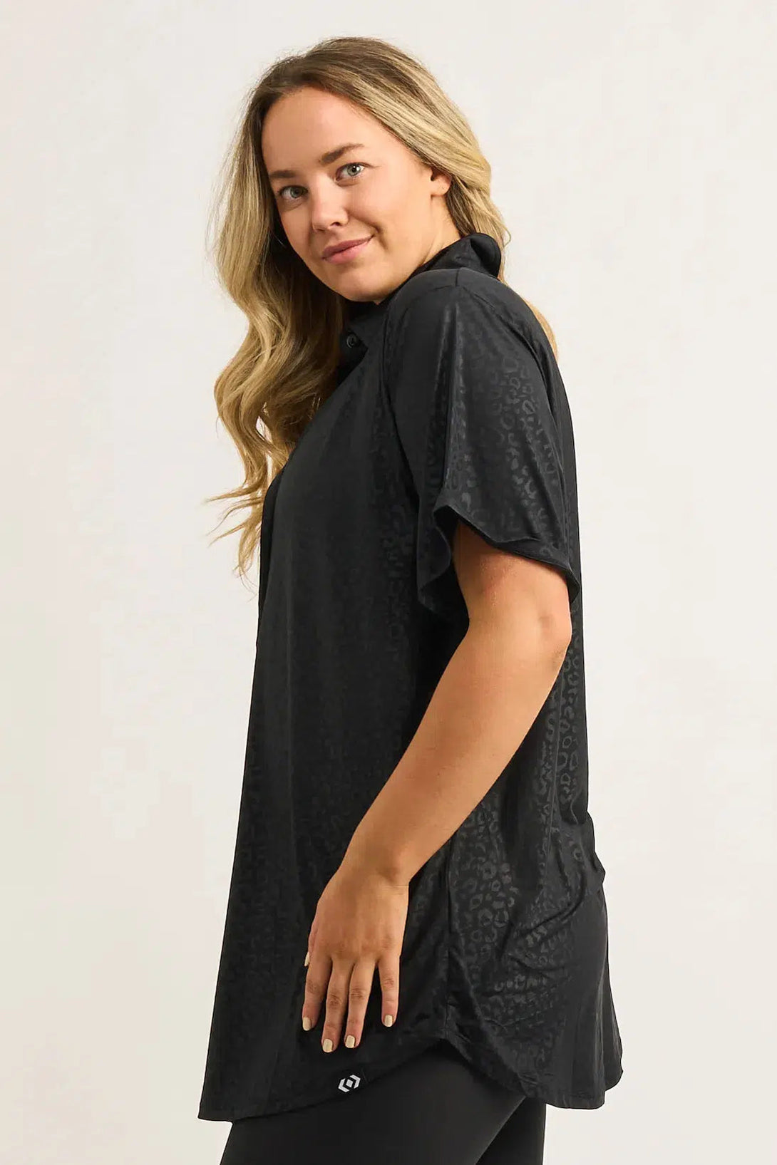 Slinky Silky Button Up Boyfriend Tee - Black Exotic Touch Jag-Activewear-Exoticathletica