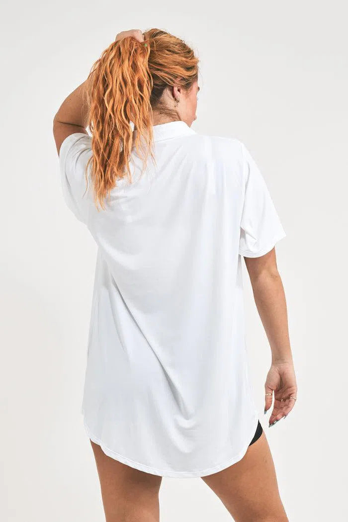 Slinky Silky Button Up Boyfriend Tee - White-Activewear-Exoticathletica