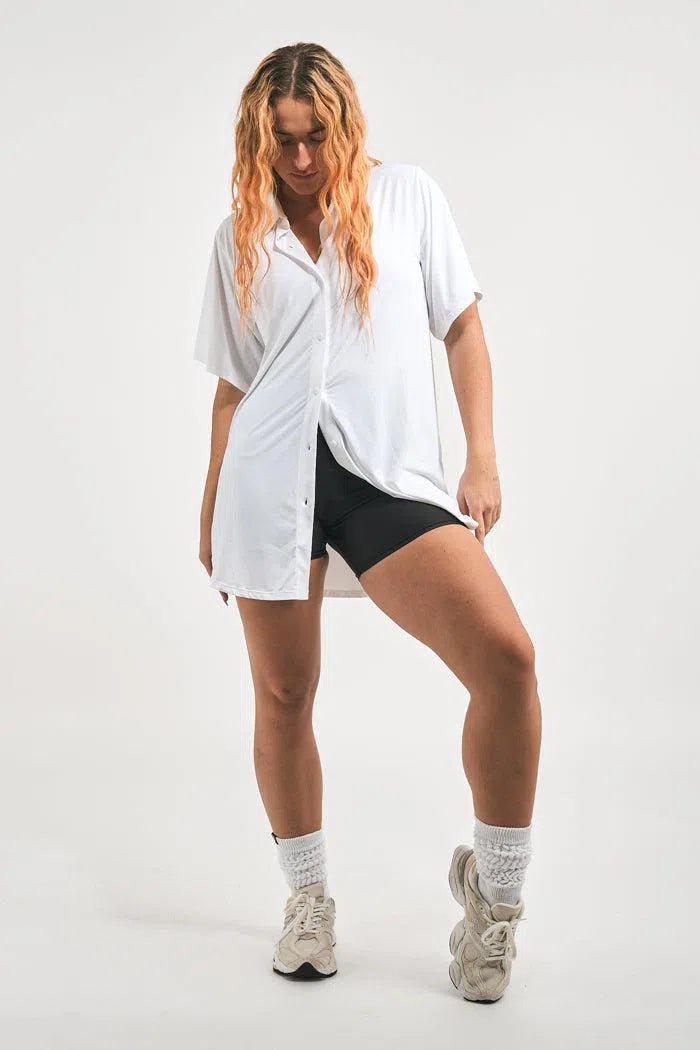 Slinky Silky Button Up Boyfriend Tee - White-Activewear-Exoticathletica