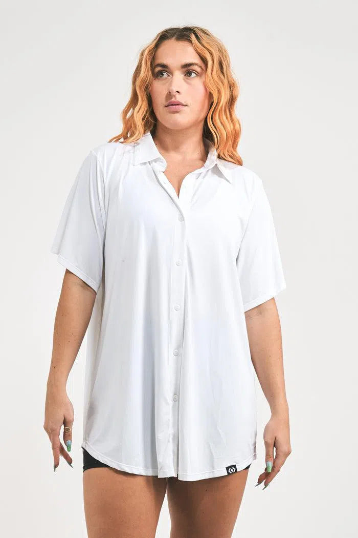 Slinky Silky Button Up Boyfriend Tee - White-Activewear-Exoticathletica