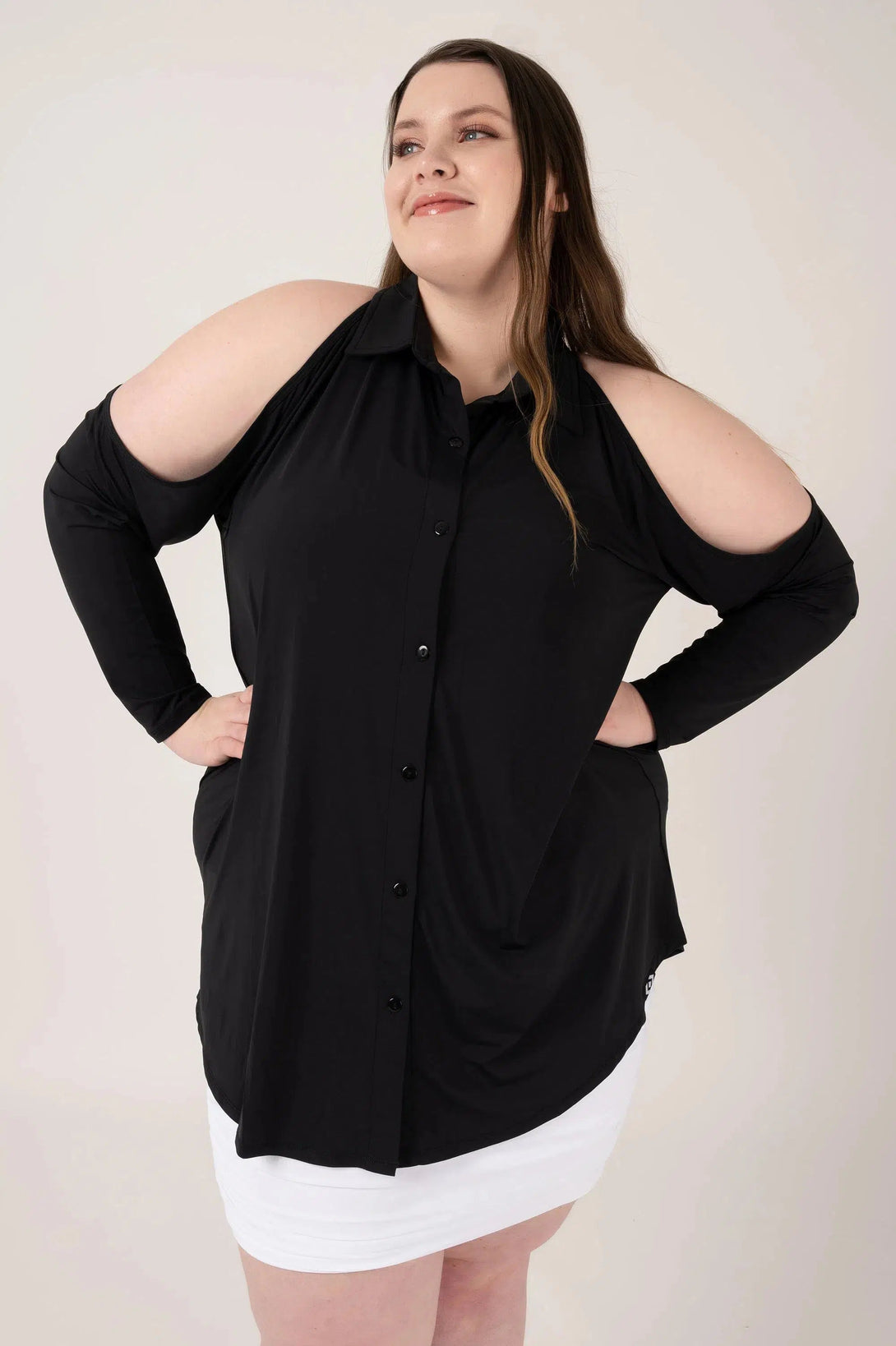 Slinky Silky Button Up Cold Shoulder Boyfriend Tee - Black-Activewear-Exoticathletica