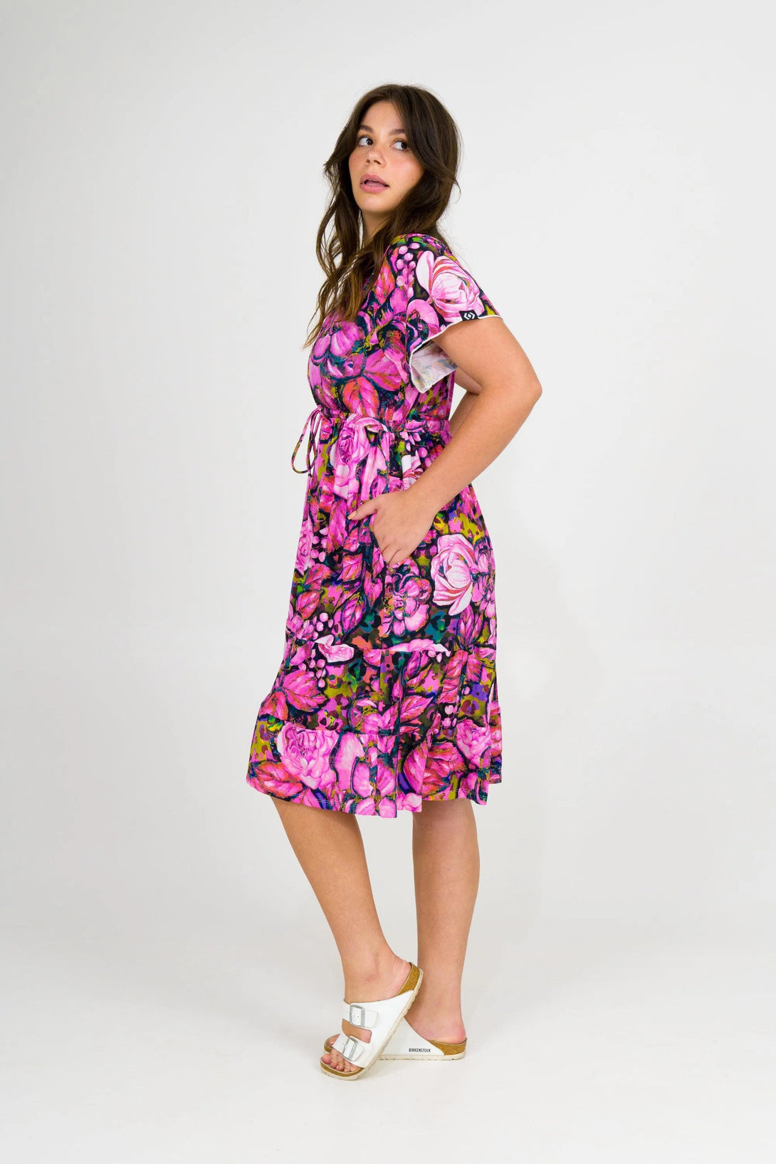 Slinky Silky Button Up Drawstring Midi Dress - Bloom Bloom-Activewear-Exoticathletica