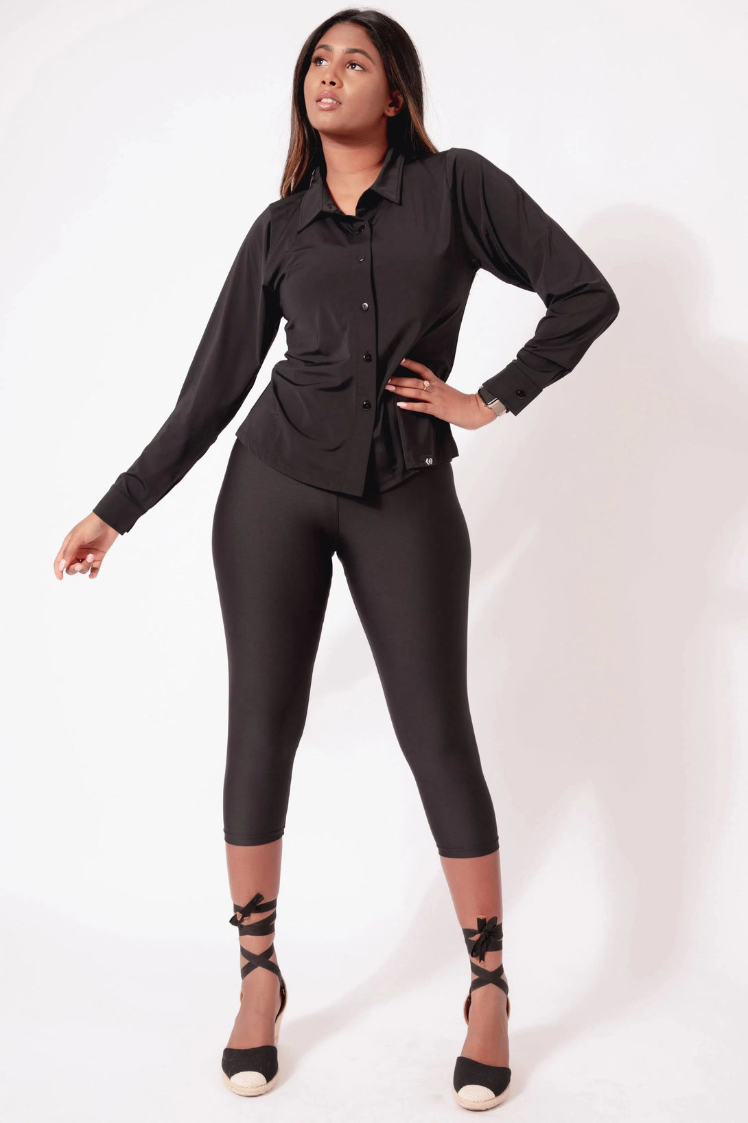 Slinky Silky Button Up Long Sleeve Blouse - Black-Activewear-Exoticathletica