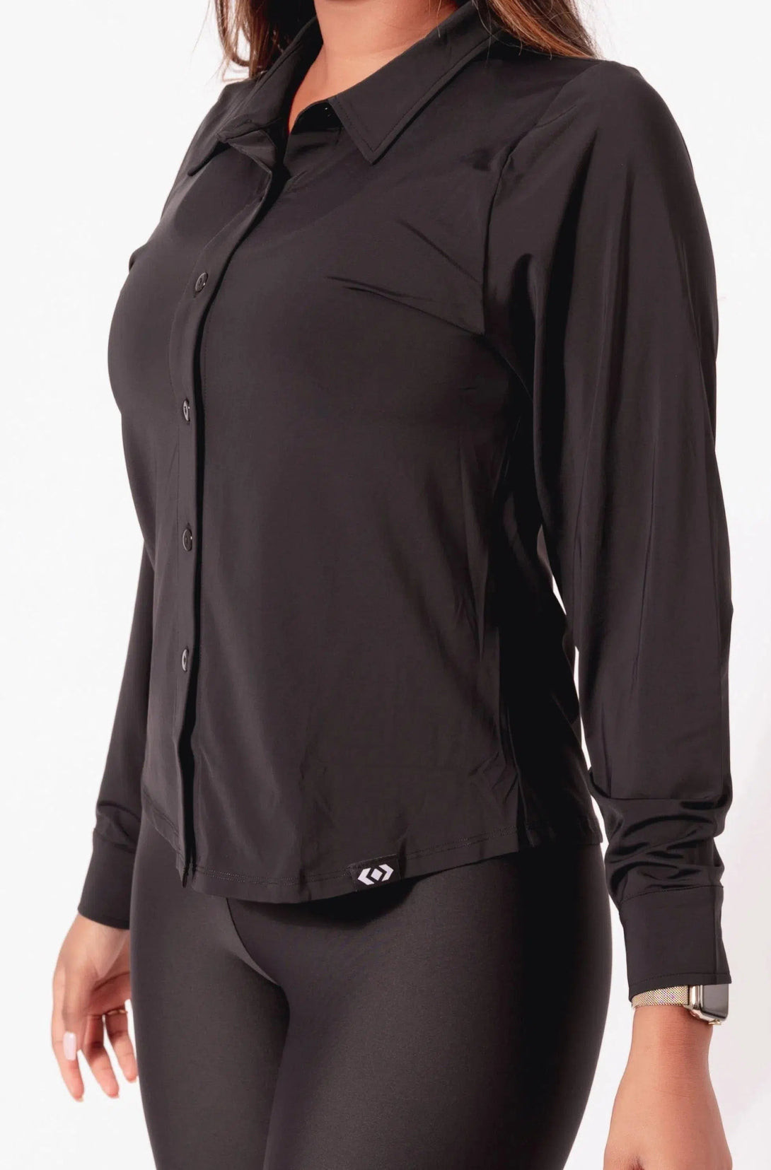 Slinky Silky Button Up Long Sleeve Blouse - Black-Activewear-Exoticathletica