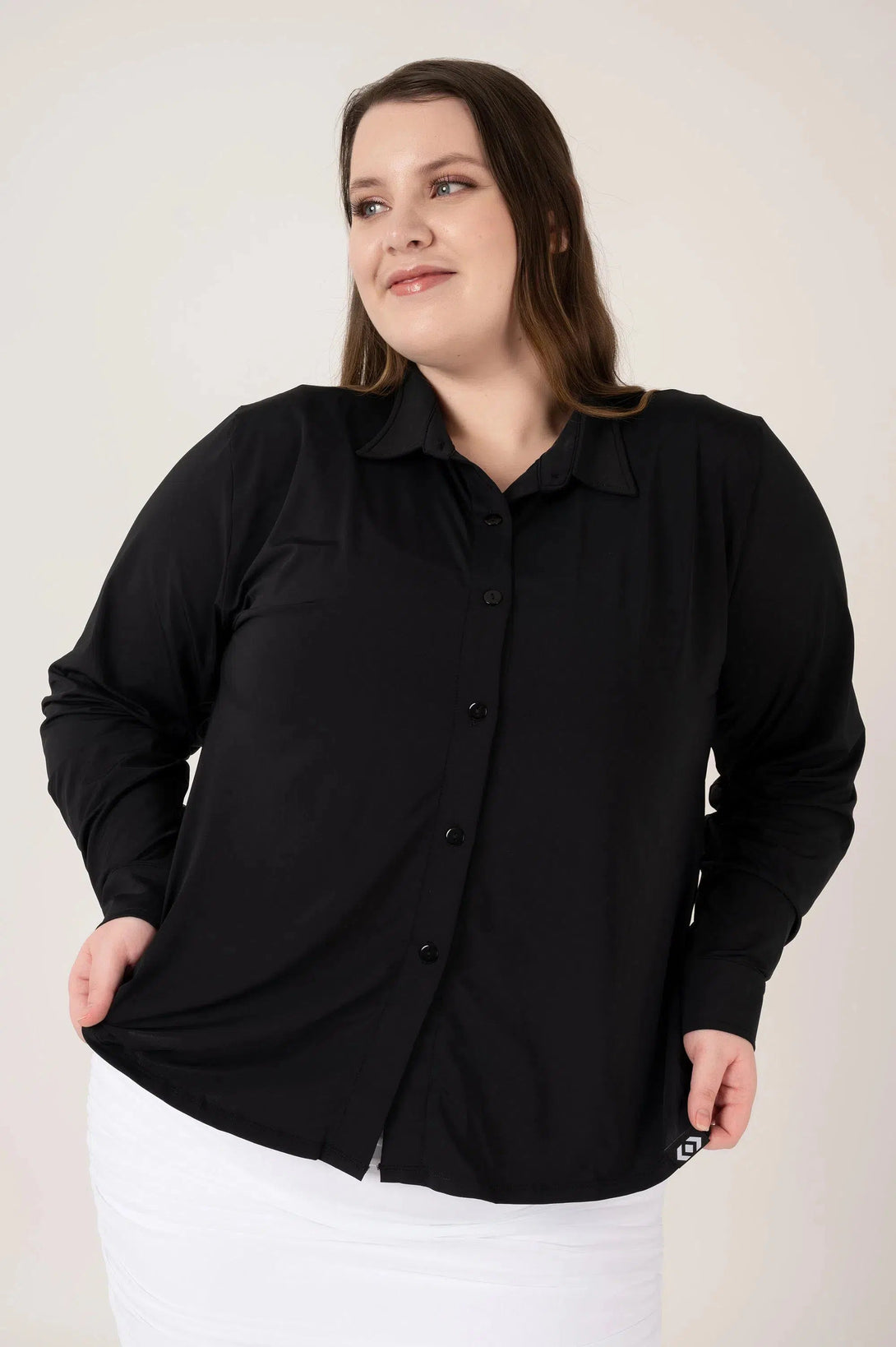 Slinky Silky Button Up Long Sleeve Blouse - Black-Activewear-Exoticathletica