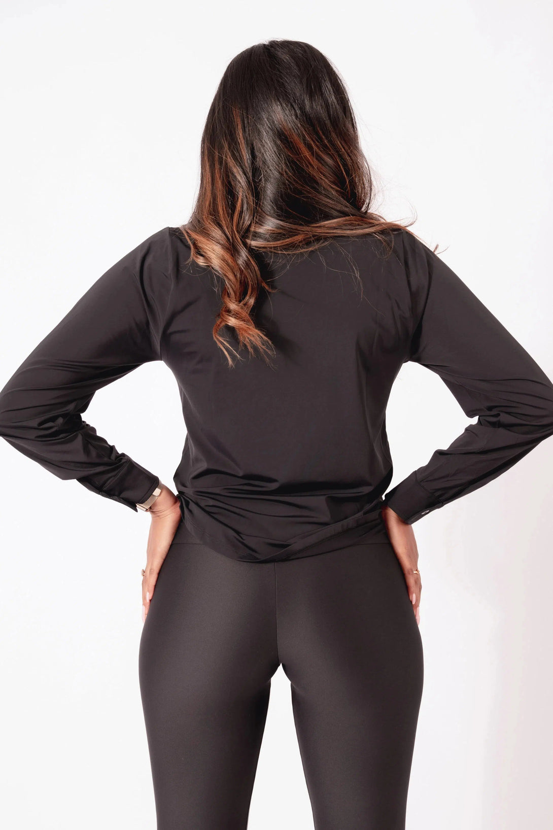 Slinky Silky Button Up Long Sleeve Blouse - Black-Activewear-Exoticathletica