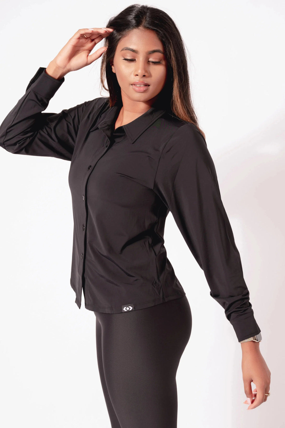 Slinky Silky Button Up Long Sleeve Blouse - Black-Activewear-Exoticathletica