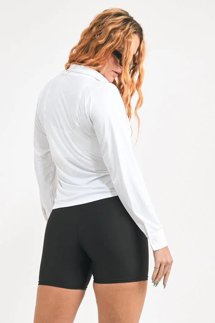 Slinky Silky Button Up Long Sleeve Blouse - White-Activewear-Exoticathletica