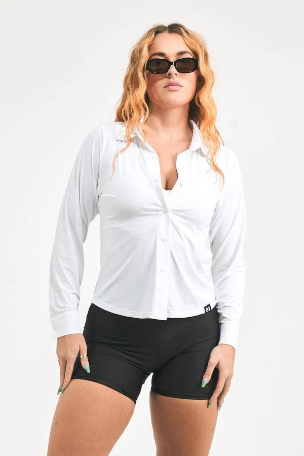 Slinky Silky Button Up Long Sleeve Blouse - White-Activewear-Exoticathletica