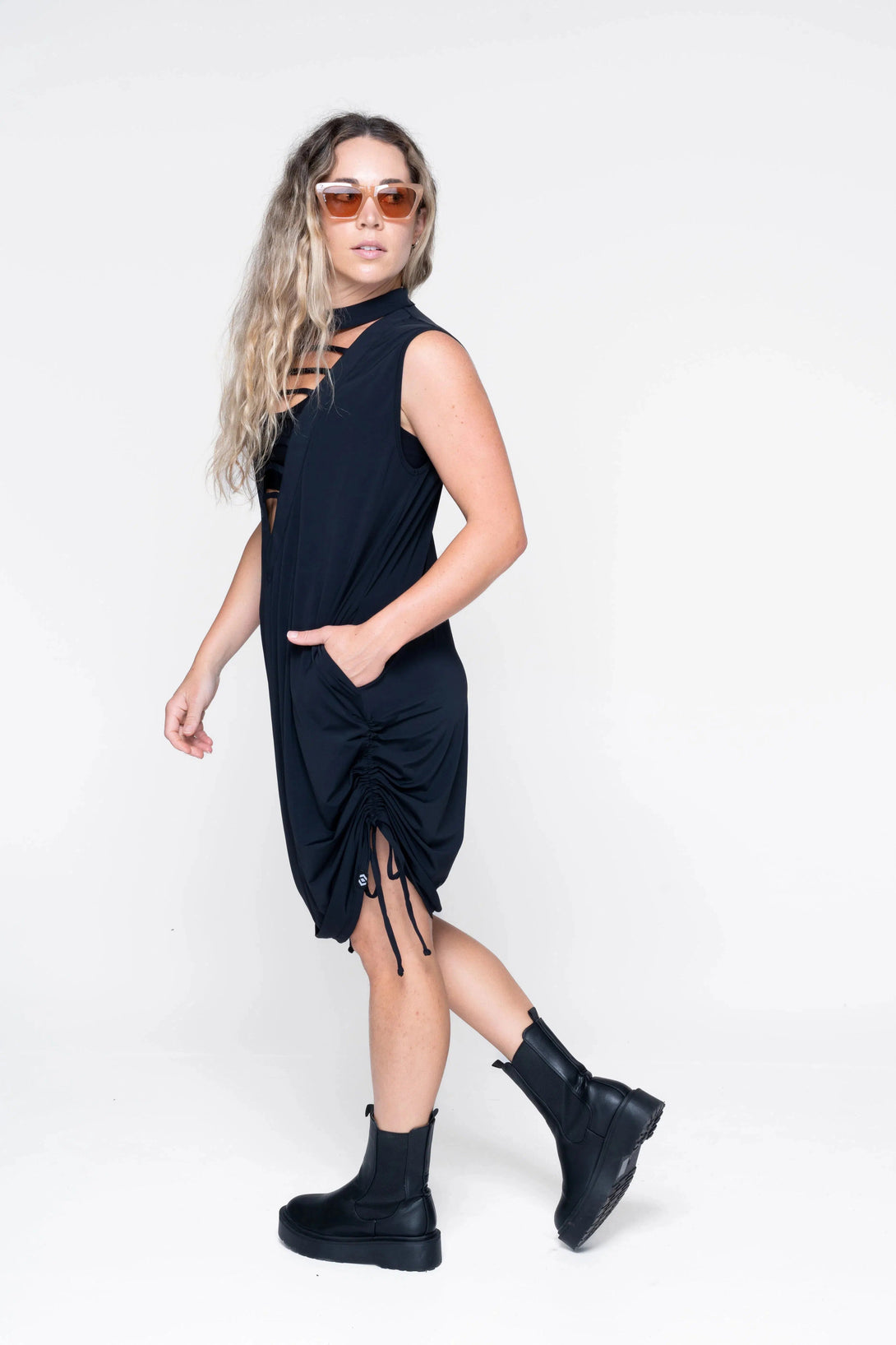 Slinky Silky Ladder Front Tank Dress W/ Cinched Sides - Black-Activewear-Exoticathletica