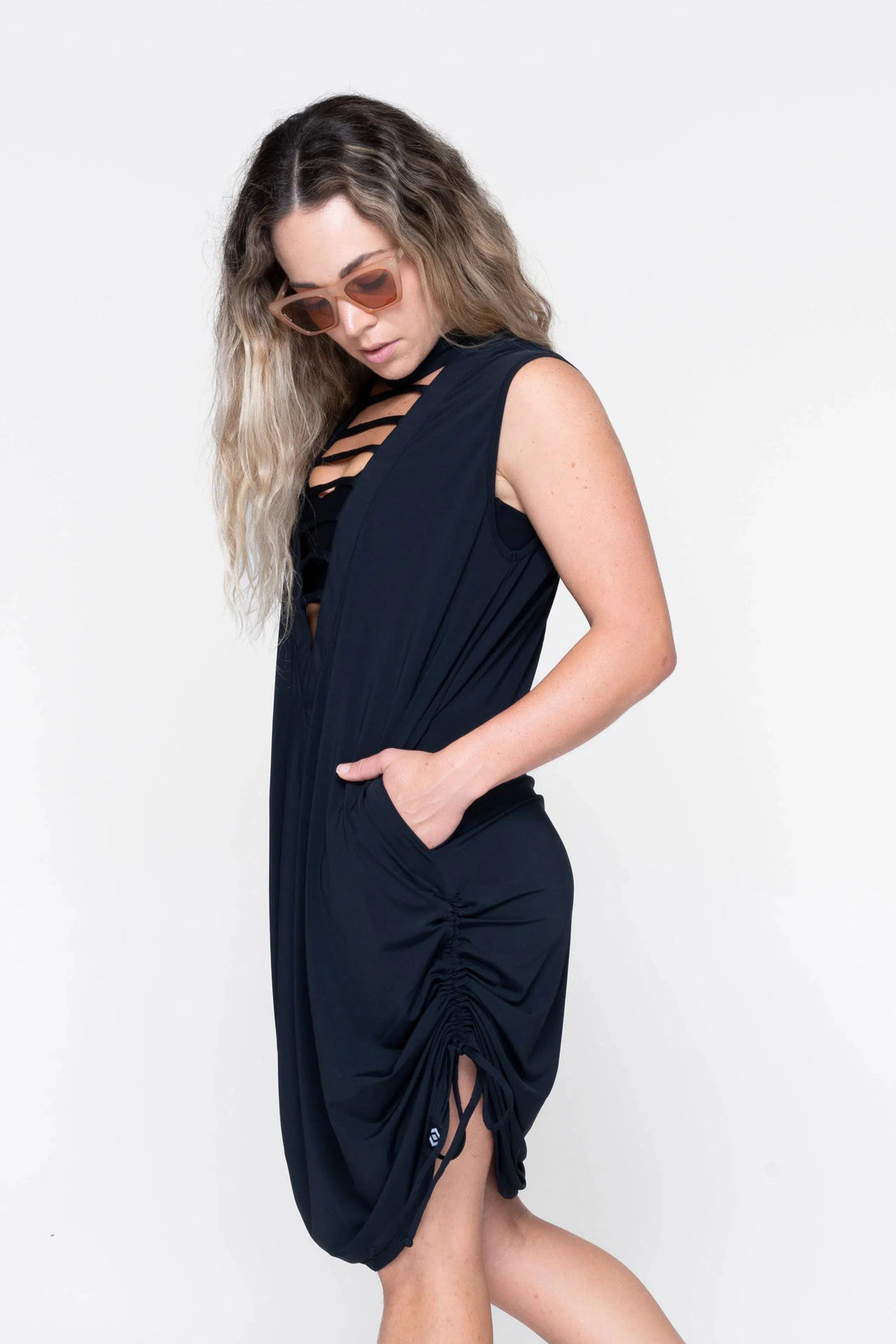 Slinky Silky Ladder Front Tank Dress W/ Cinched Sides - Black-Activewear-Exoticathletica