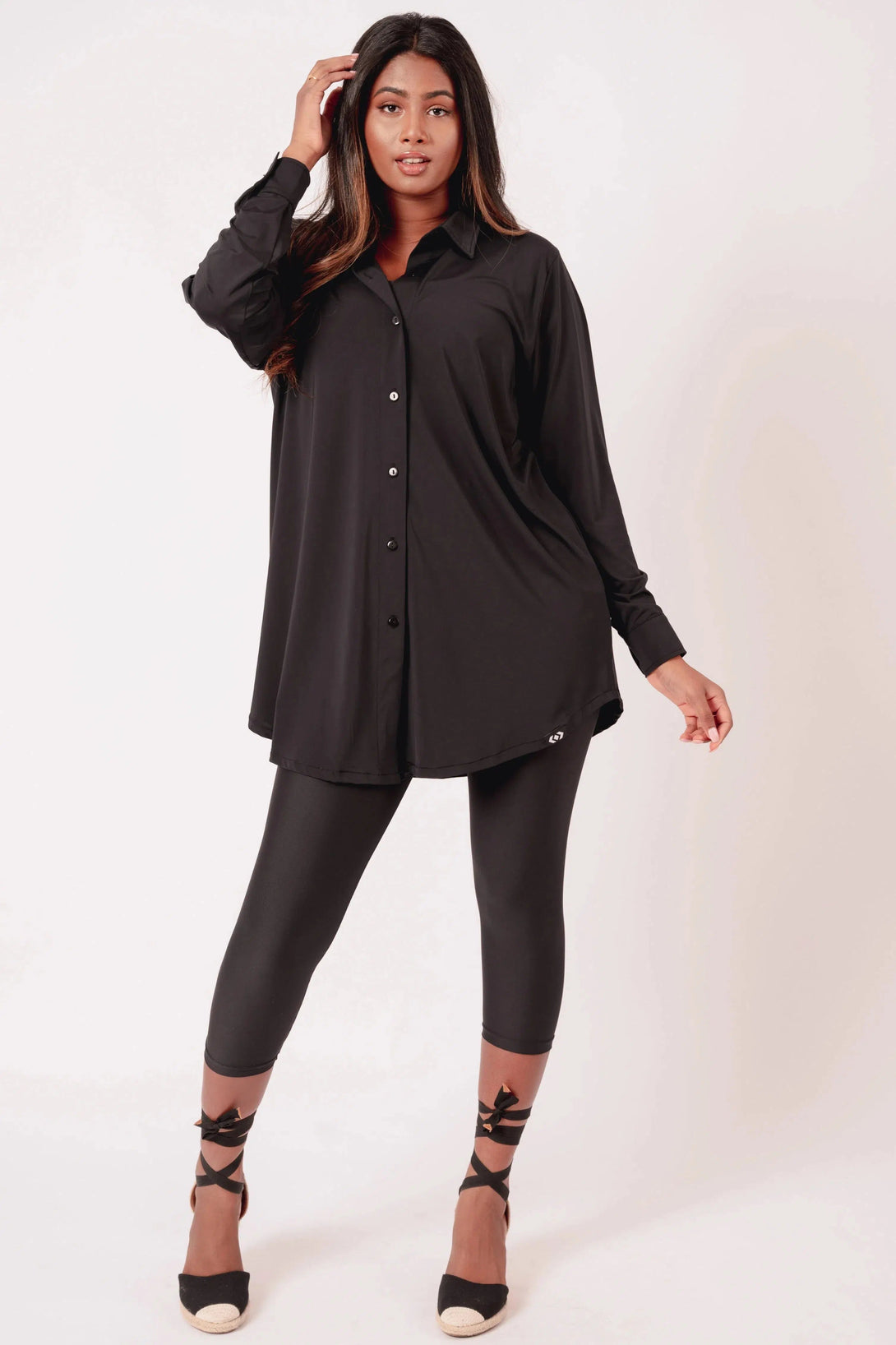 Slinky Silky Long Sleeve Button Up Boyfriend Tee - Black-Activewear-Exoticathletica