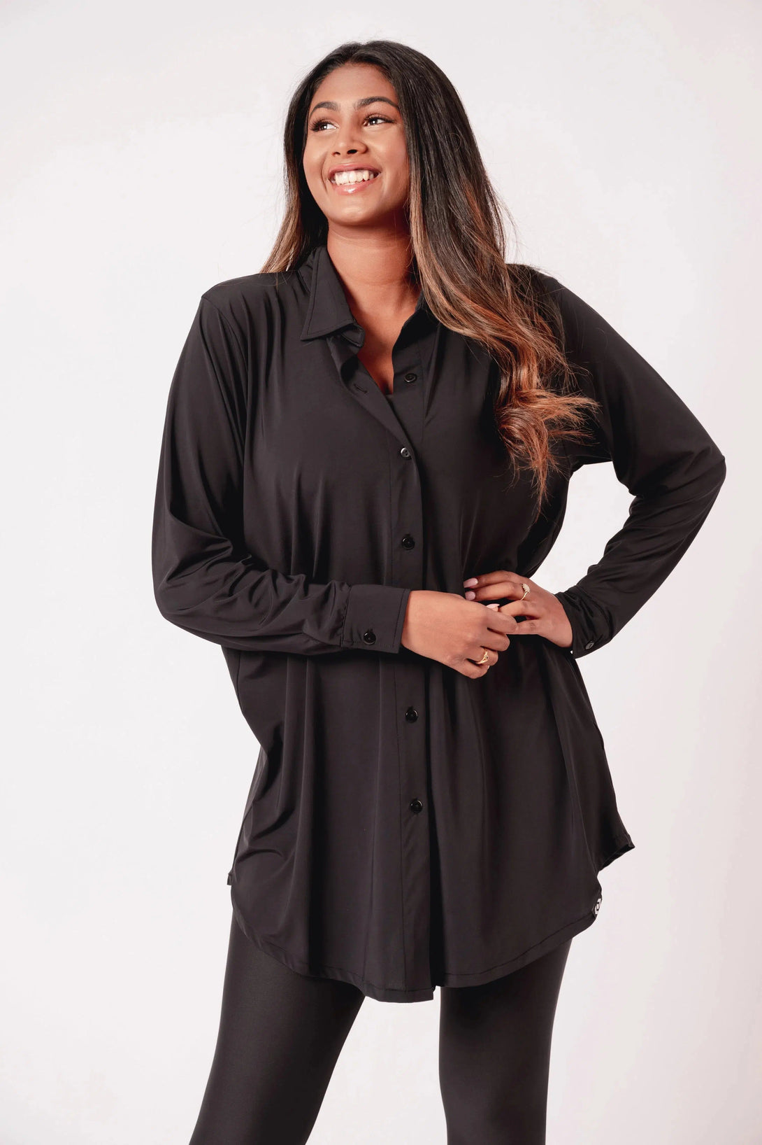 Slinky Silky Long Sleeve Button Up Boyfriend Tee - Black-Activewear-Exoticathletica