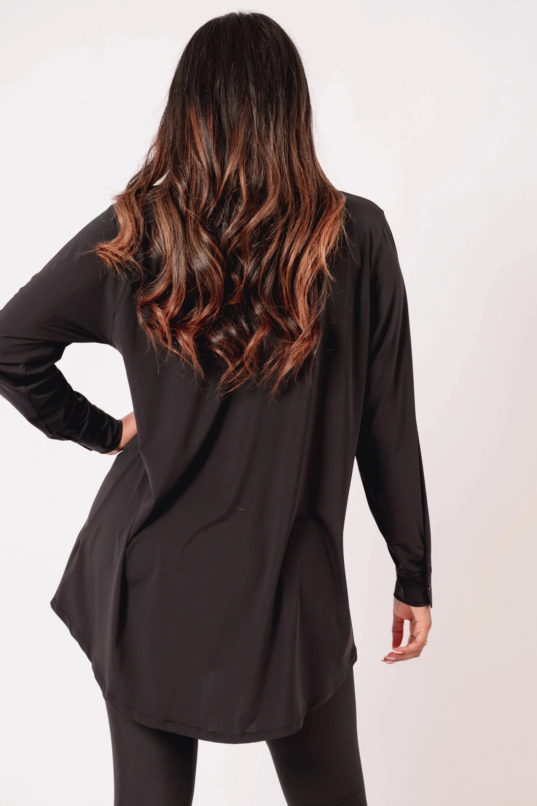 Slinky Silky Long Sleeve Button Up Boyfriend Tee - Black-Activewear-Exoticathletica