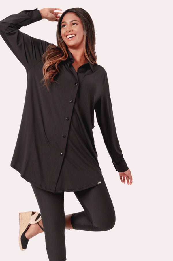 Slinky Silky Long Sleeve Button Up Boyfriend Tee - Black-Activewear-Exoticathletica