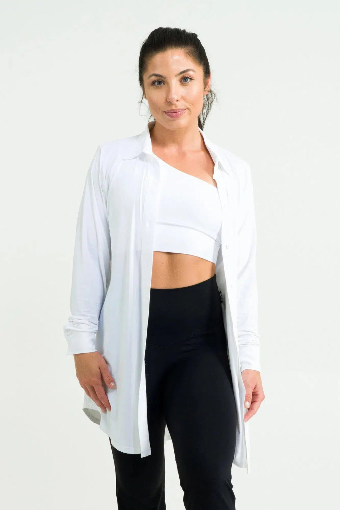 Slinky Silky Long Sleeve Button Up Boyfriend Tee - White-Activewear-Exoticathletica