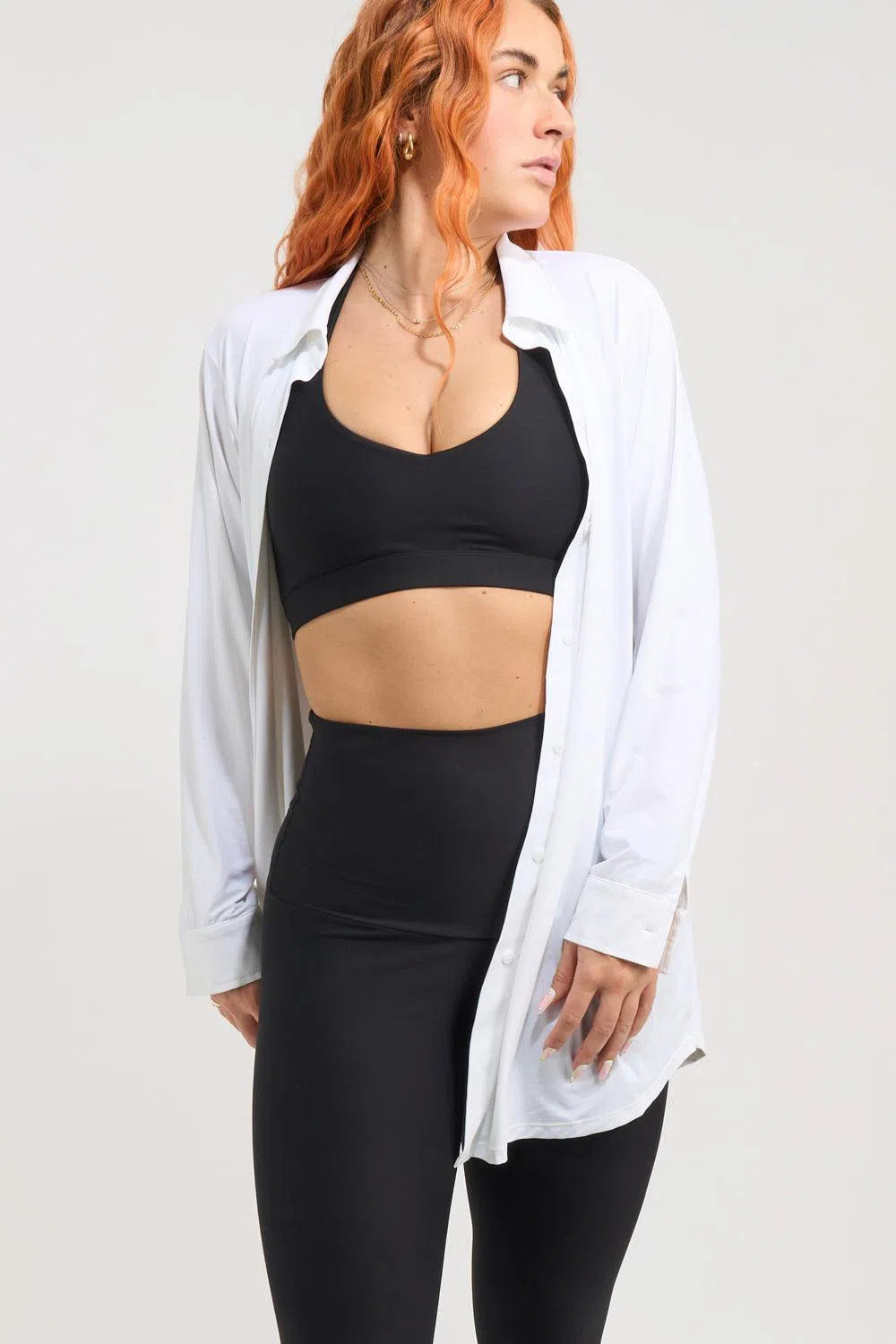 Slinky Silky Long Sleeve Button Up Boyfriend Tee - White-Activewear-Exoticathletica