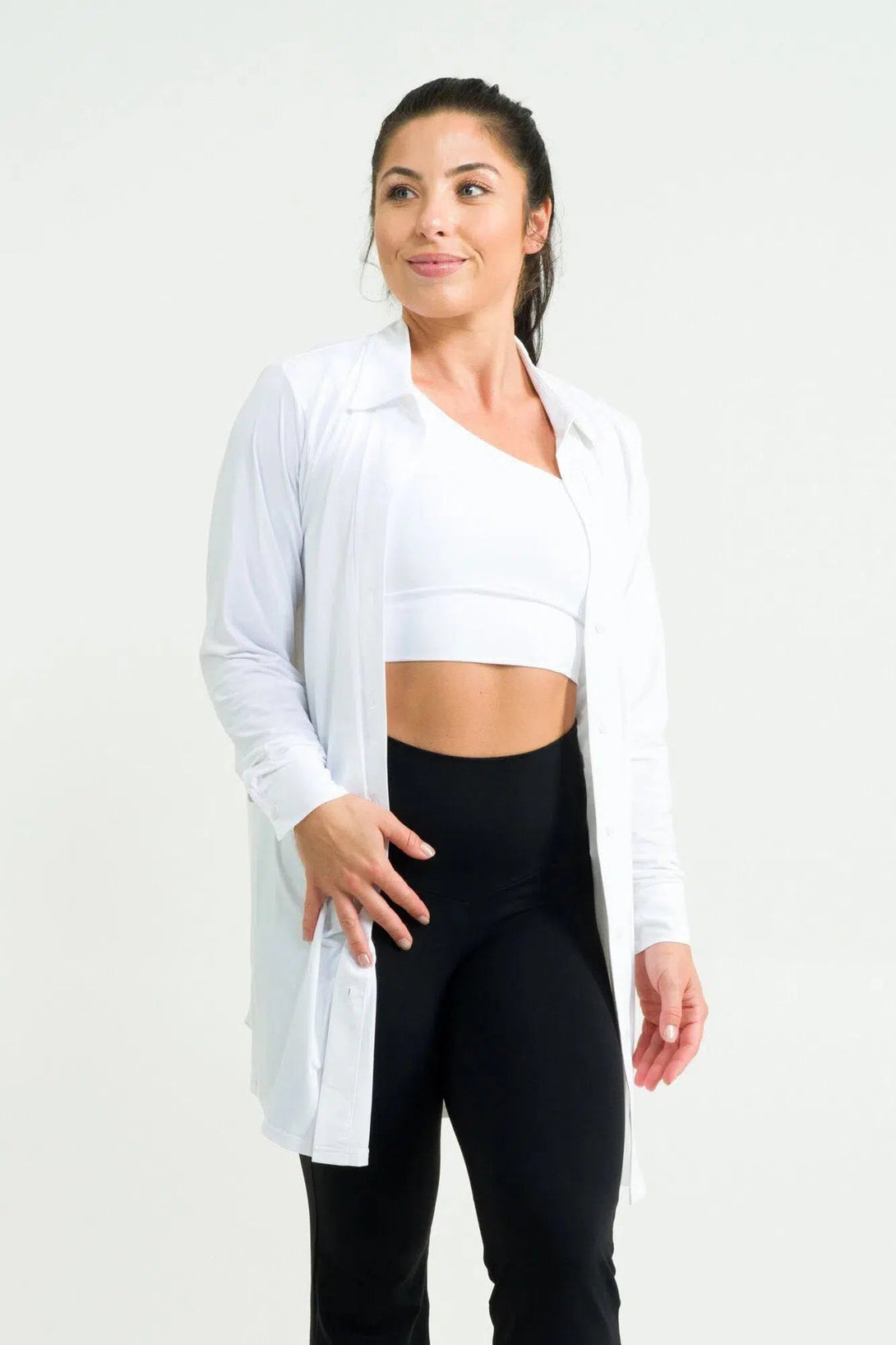 Slinky Silky Long Sleeve Button Up Boyfriend Tee - White-Activewear-Exoticathletica