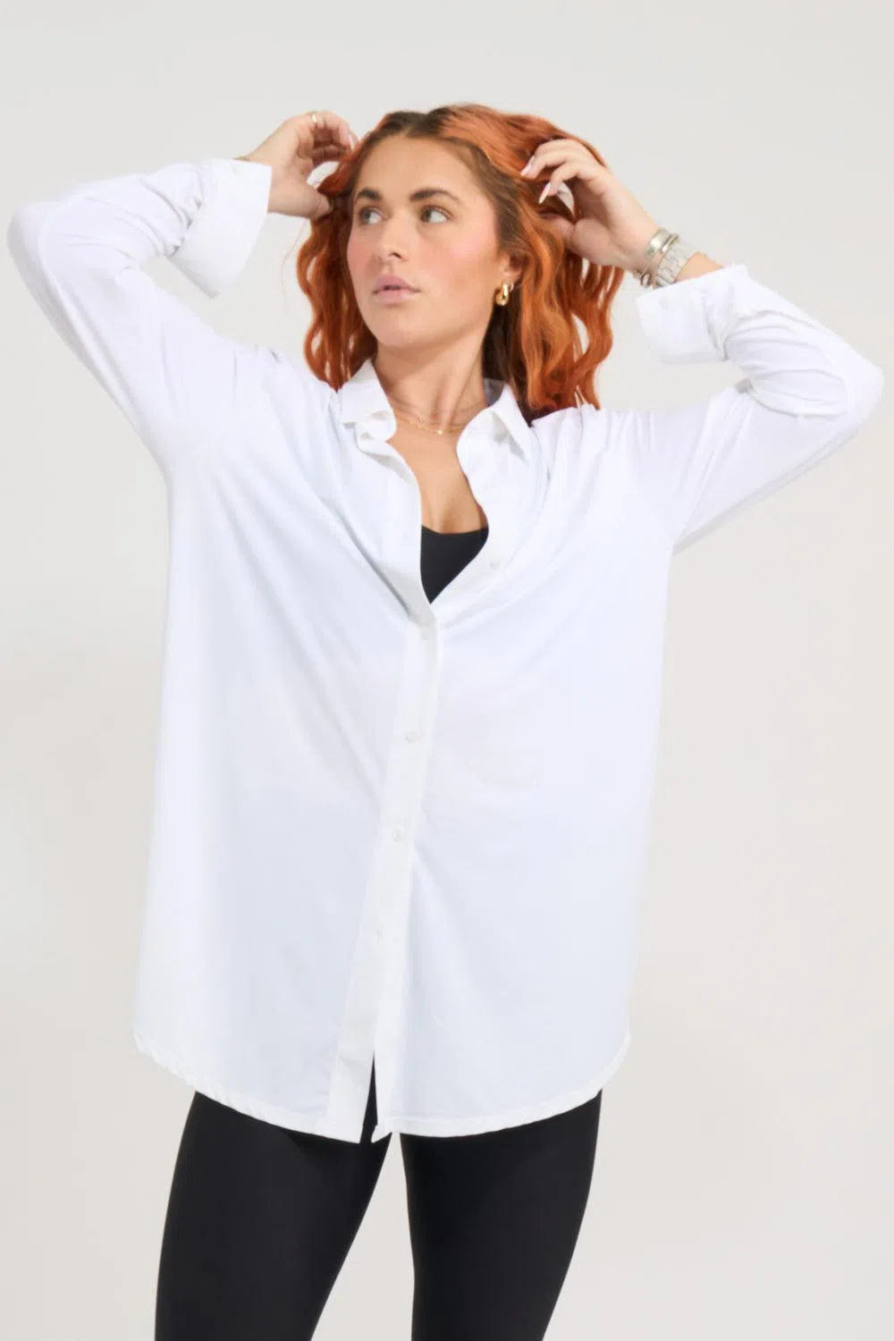 Slinky Silky Long Sleeve Button Up Boyfriend Tee - White-Activewear-Exoticathletica