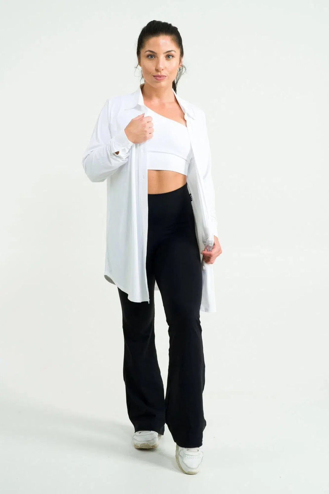 Slinky Silky Long Sleeve Button Up Boyfriend Tee - White-Activewear-Exoticathletica