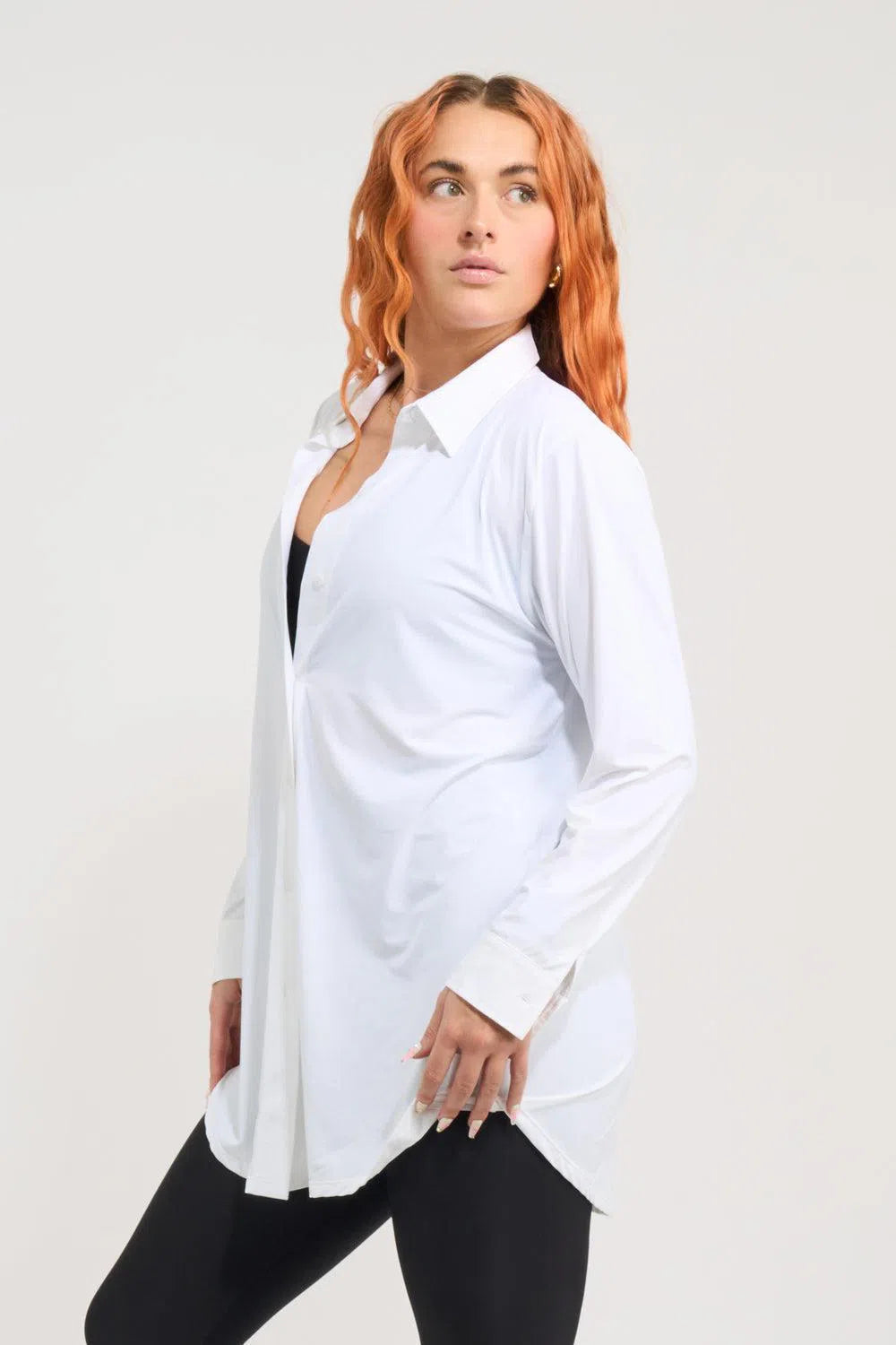 Slinky Silky Long Sleeve Button Up Boyfriend Tee - White-Activewear-Exoticathletica