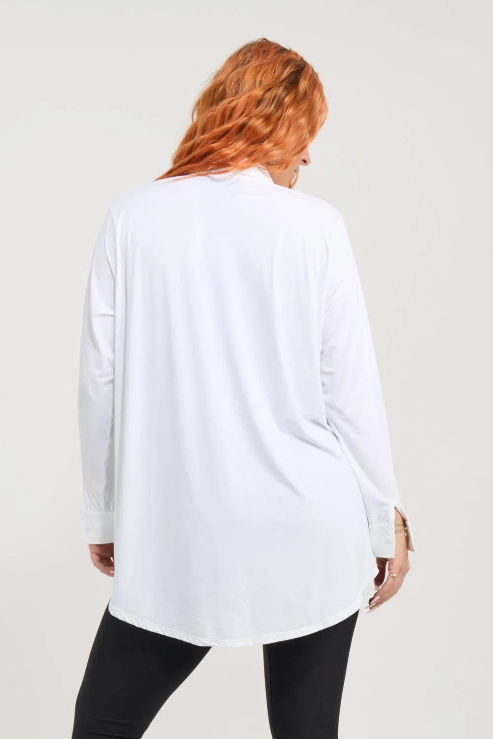 Slinky Silky Long Sleeve Button Up Boyfriend Tee - White-Activewear-Exoticathletica