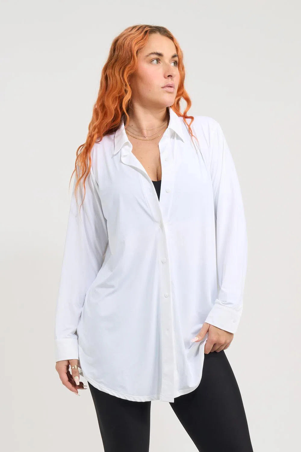 Slinky Silky Long Sleeve Button Up Boyfriend Tee - White-Activewear-Exoticathletica