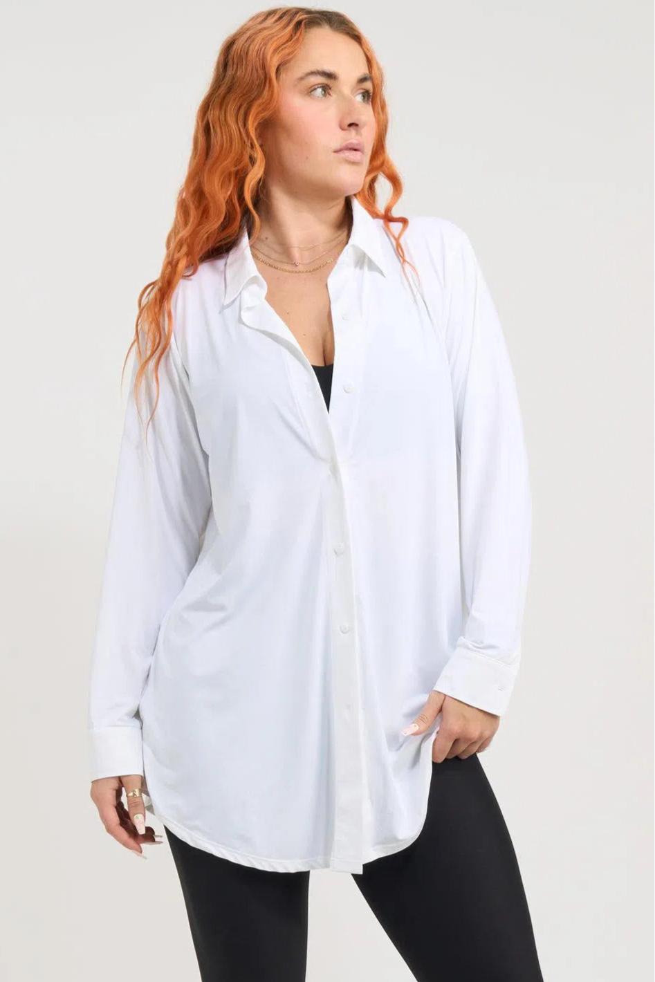 Slinky Silky Long Sleeve Button Up Boyfriend Tee - White-Activewear-Exoticathletica