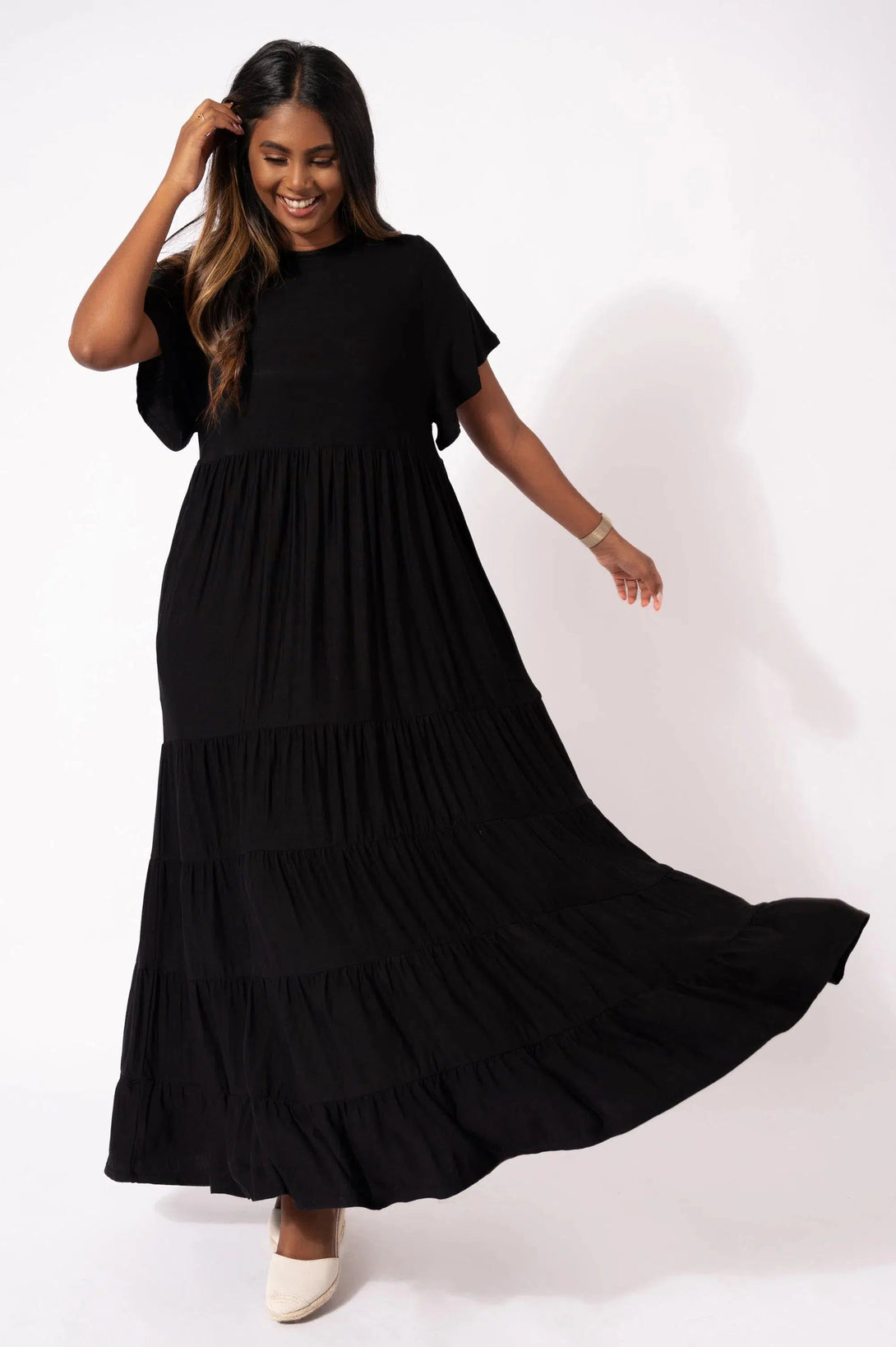 Slinky To Touch Baby Doll Tiered Maxi Dress - Black-Activewear-Exoticathletica