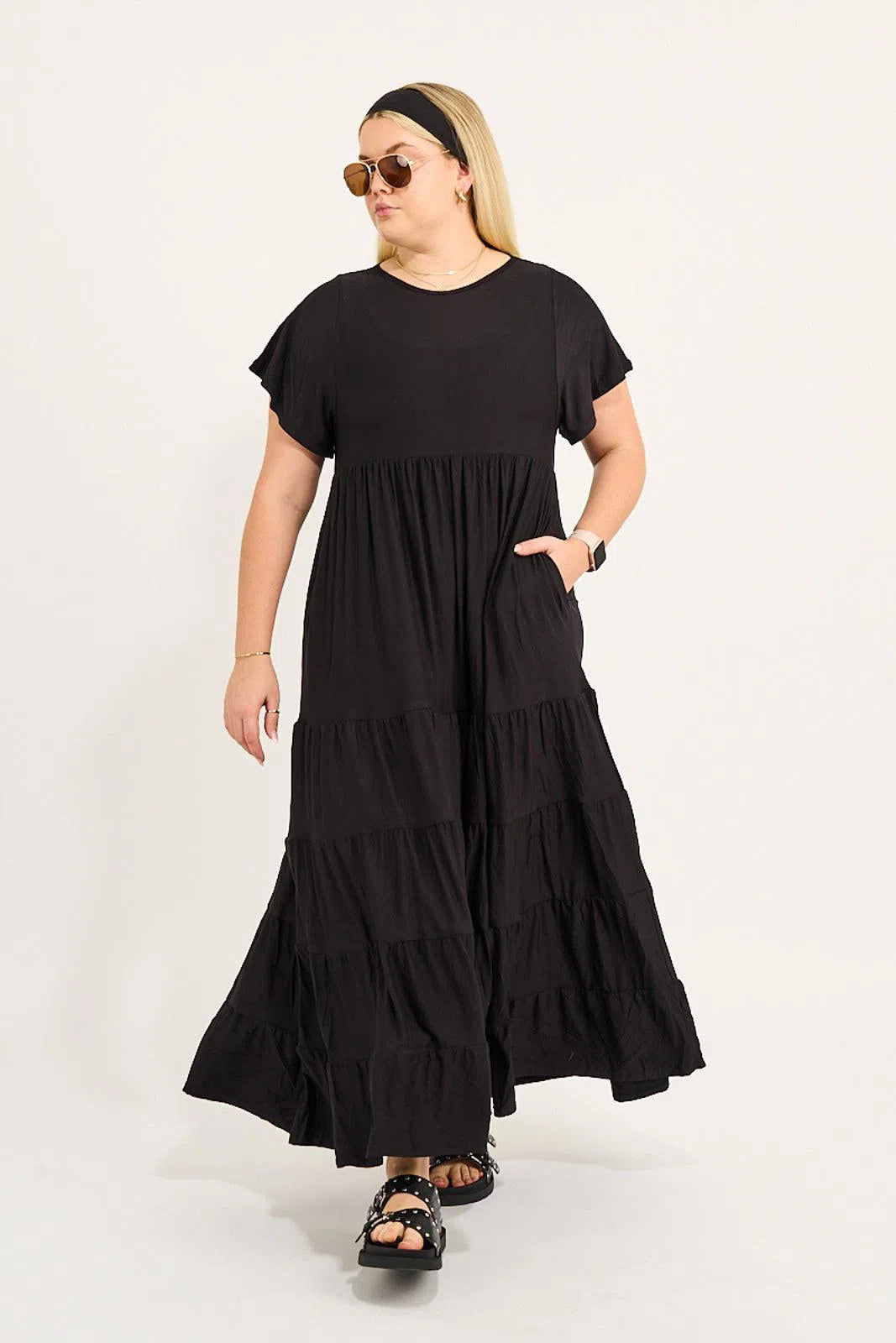 Slinky To Touch Baby Doll Tiered Maxi Dress - Black-Activewear-Exoticathletica